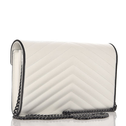 Saint Laurent Grain De Poudre Matelasse Monogram Chain Wallet White Black 3 of 6