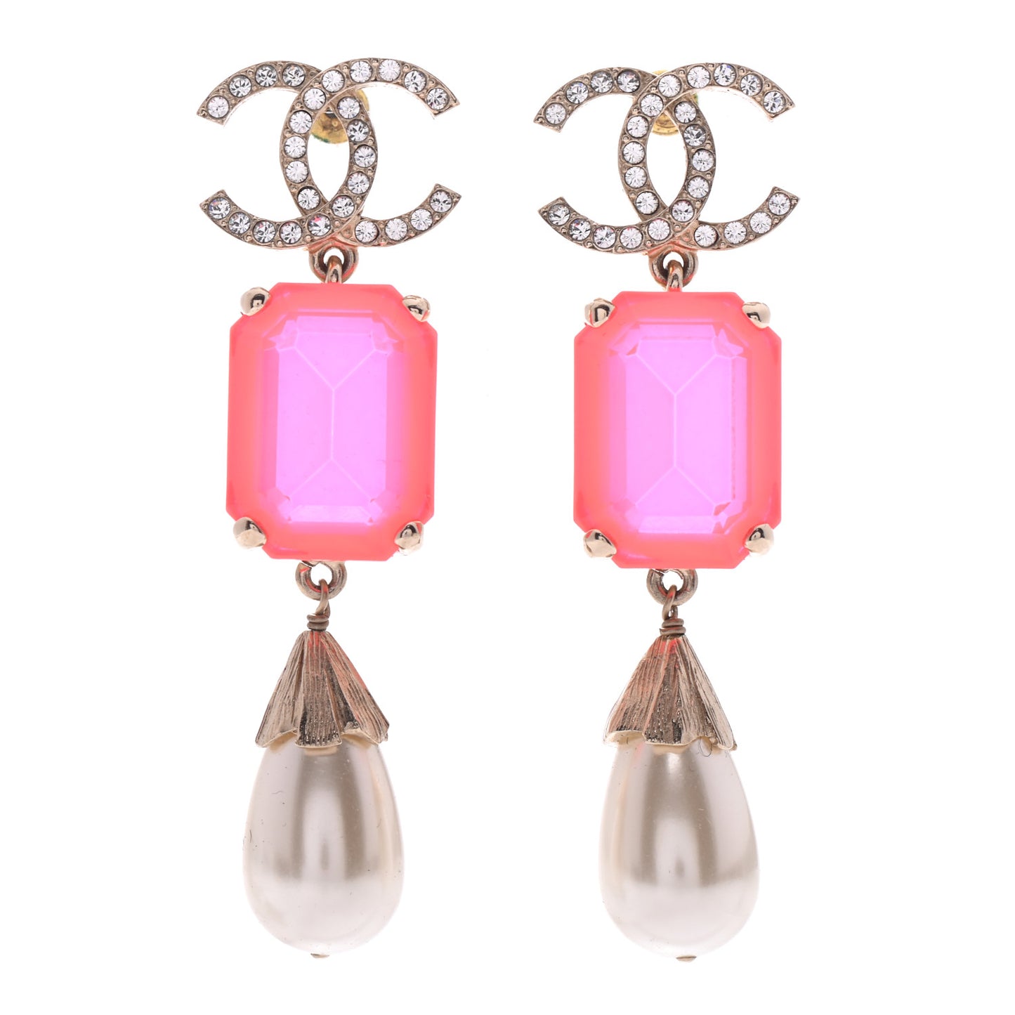 Metal Crystal Pearl CC Earrings Gold Pink