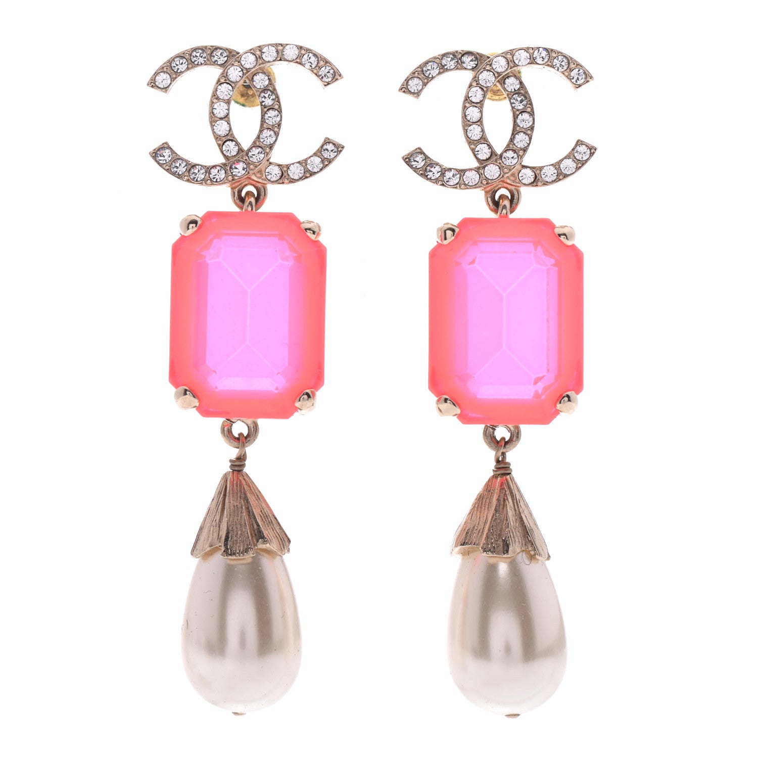 Chanel Metal Crystal Pearl CC Earrings Gold Pink 1 of 5