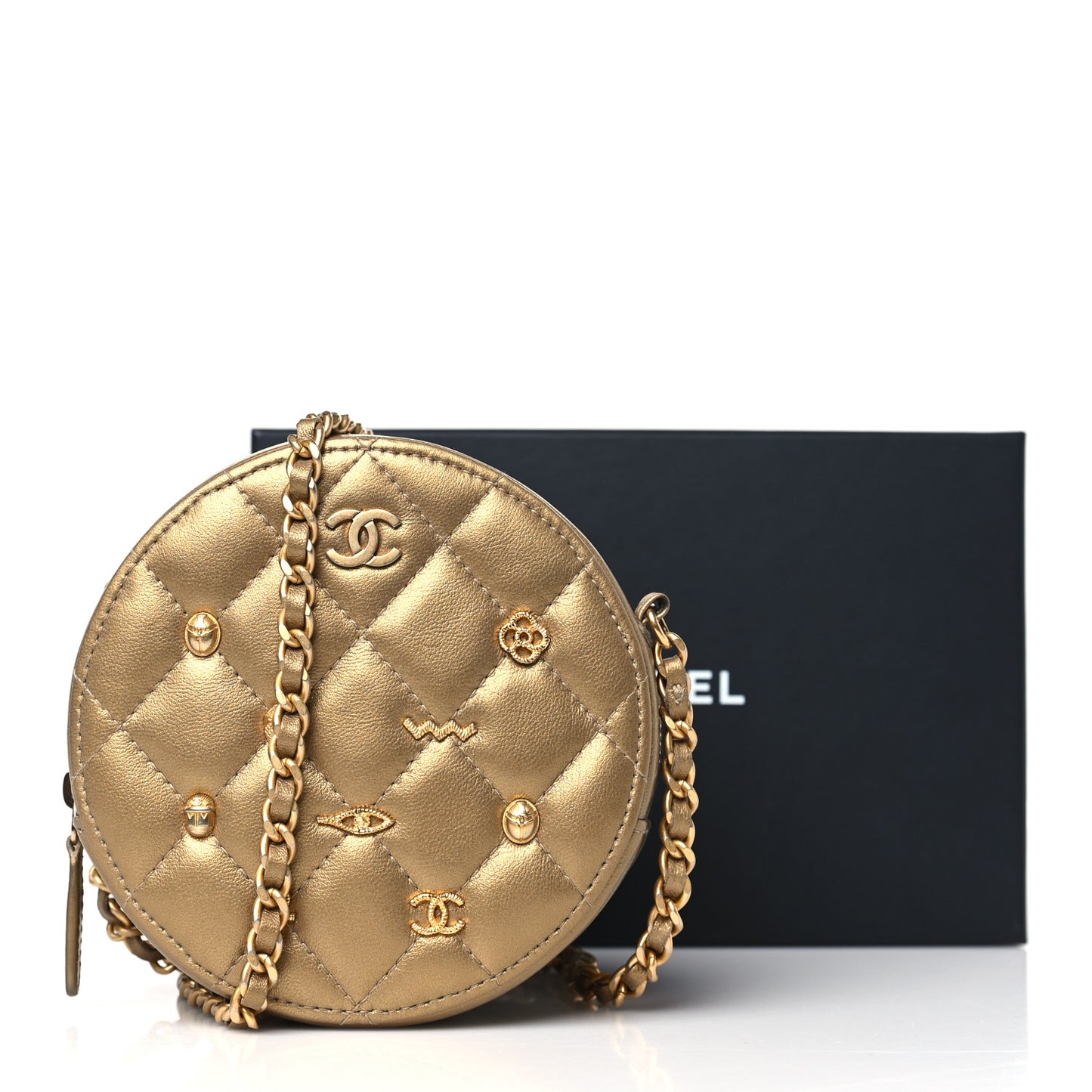 Metallic Lambskin Quilted Egyptian Amulet Round Clutch With Chain Gold