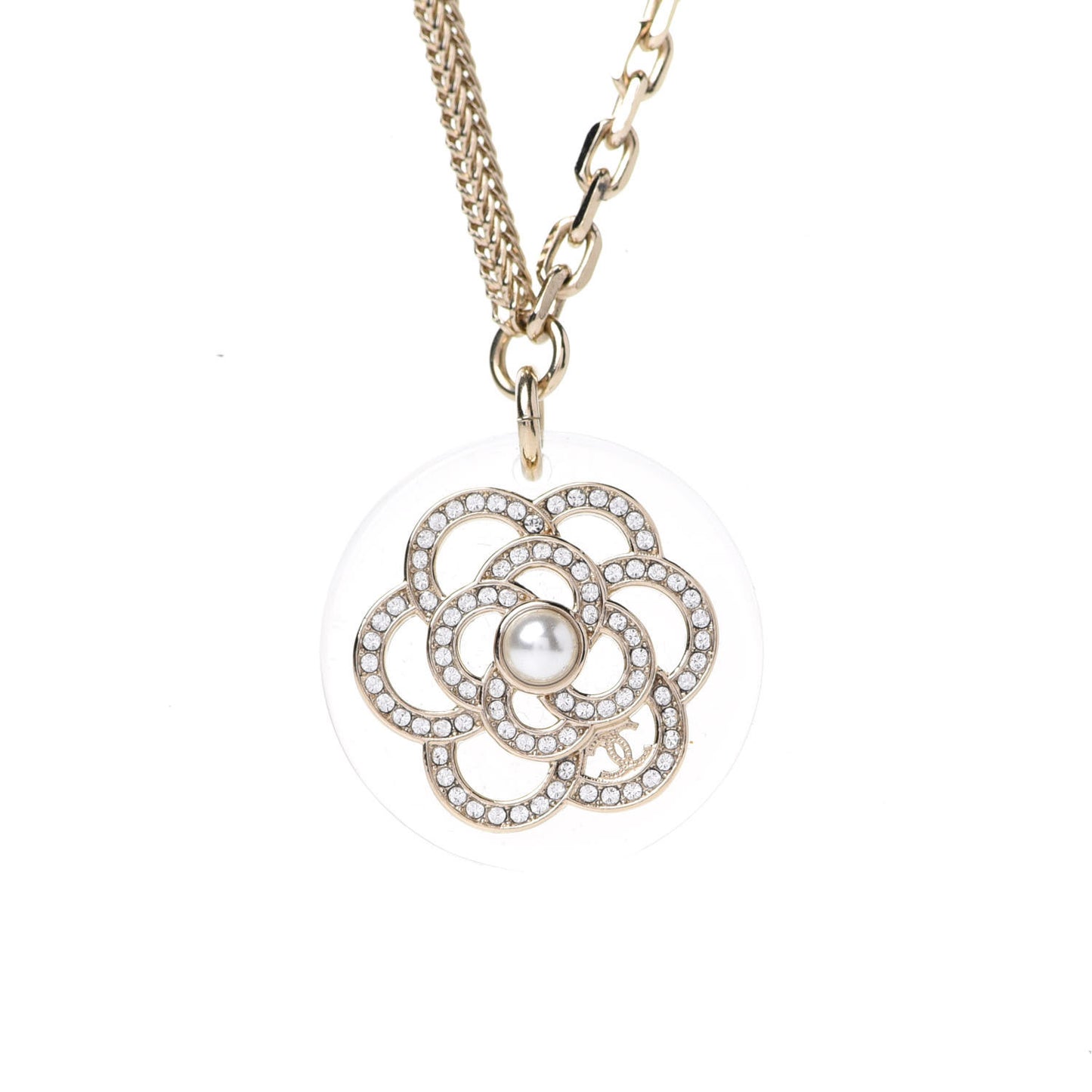 Crystal Pearl CC Camellia Necklace Gold