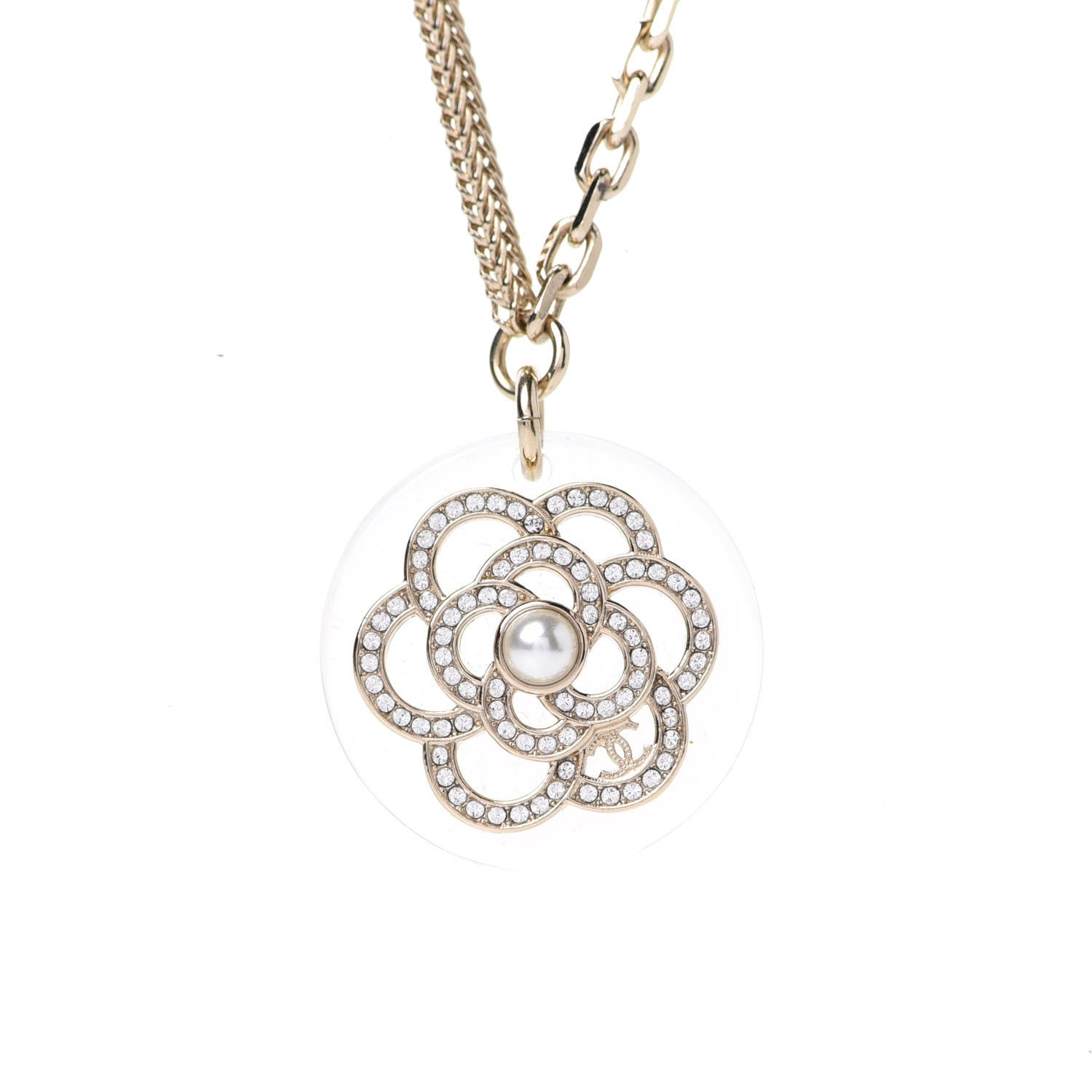 Chanel Crystal Pearl CC Camellia Necklace Gold 4 of 7