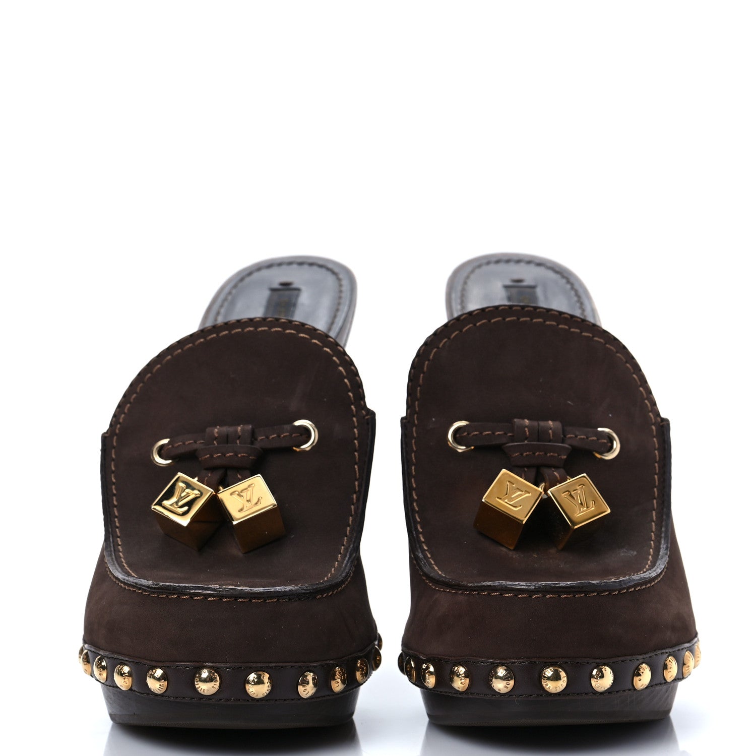 Louis Vuitton Suede Wood Studded Platform Clogs Mules 36 Brown 2 of 7