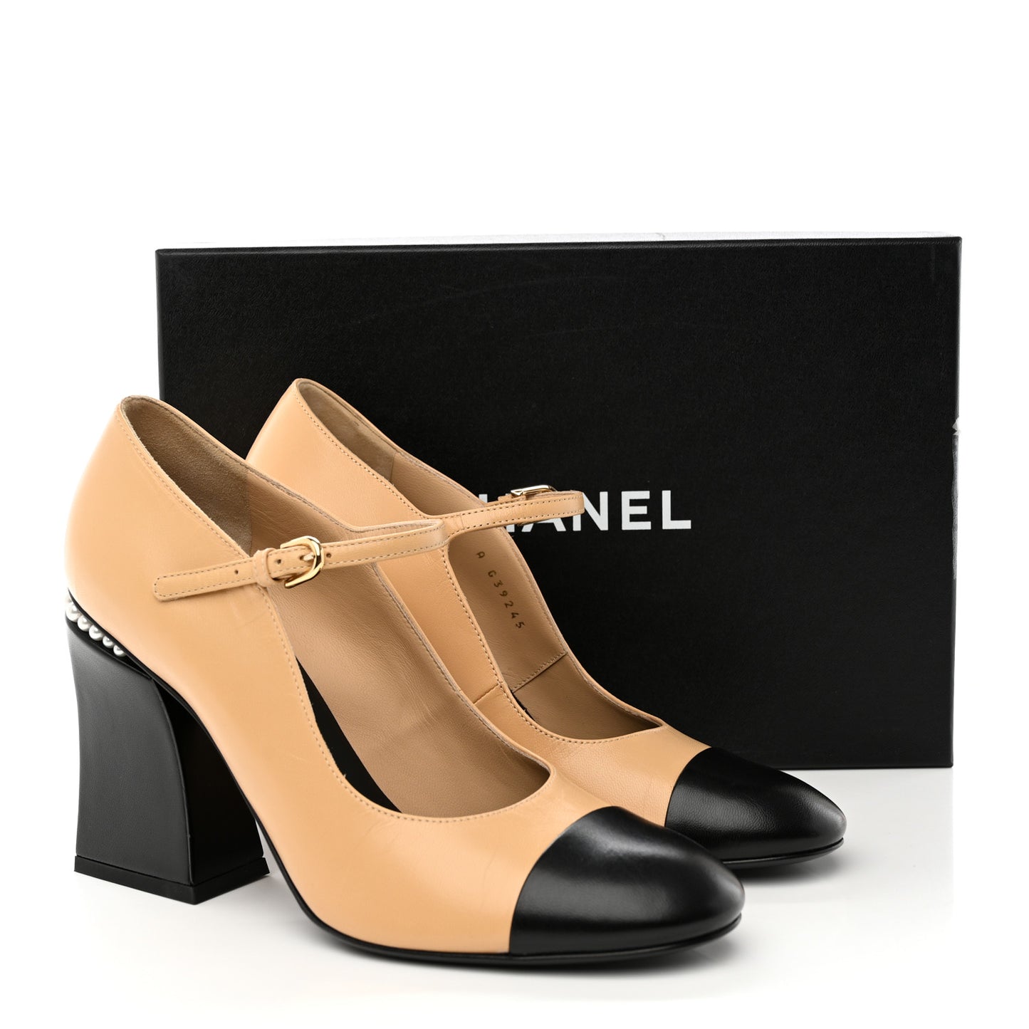 Shiny Goatskin Pearls Cap Toe Open Slingback Pumps 39.5 Beige Black