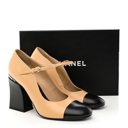Chanel Shiny Goatskin Pearls Cap Toe Open Slingback Pumps 39.5 Beige Black 12 of 12