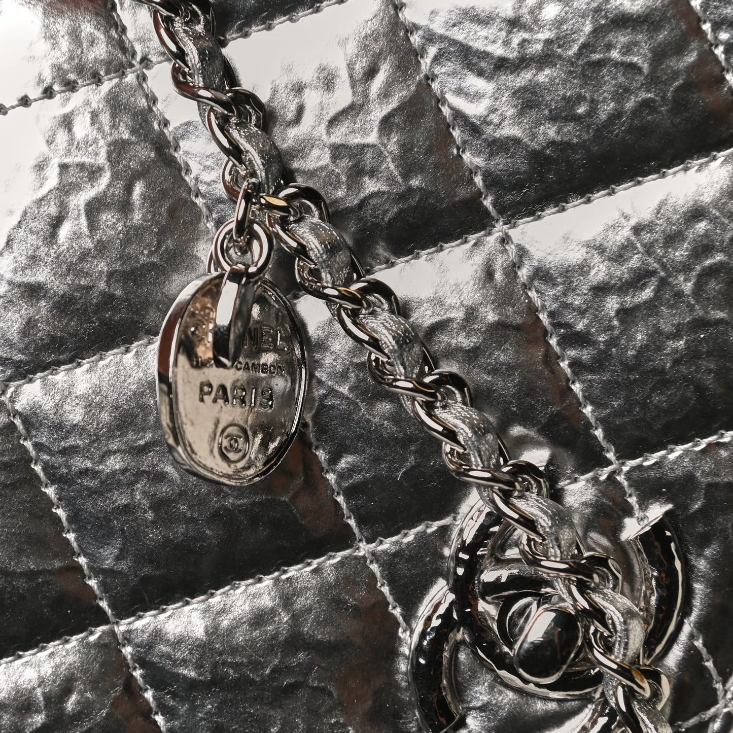 Hammered Metallic Calfskin Quilted Flap Silver