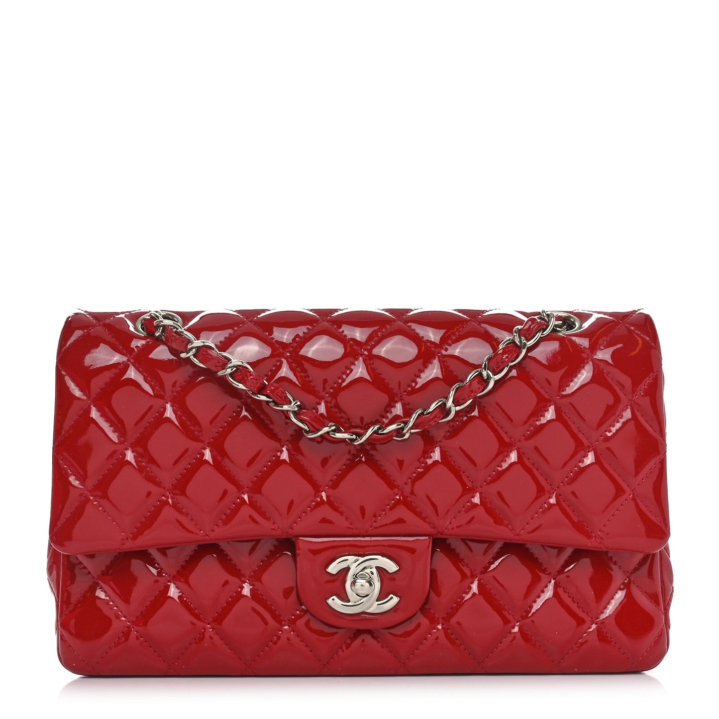 Patent Calfskin Quilted Medium Double Flap Red