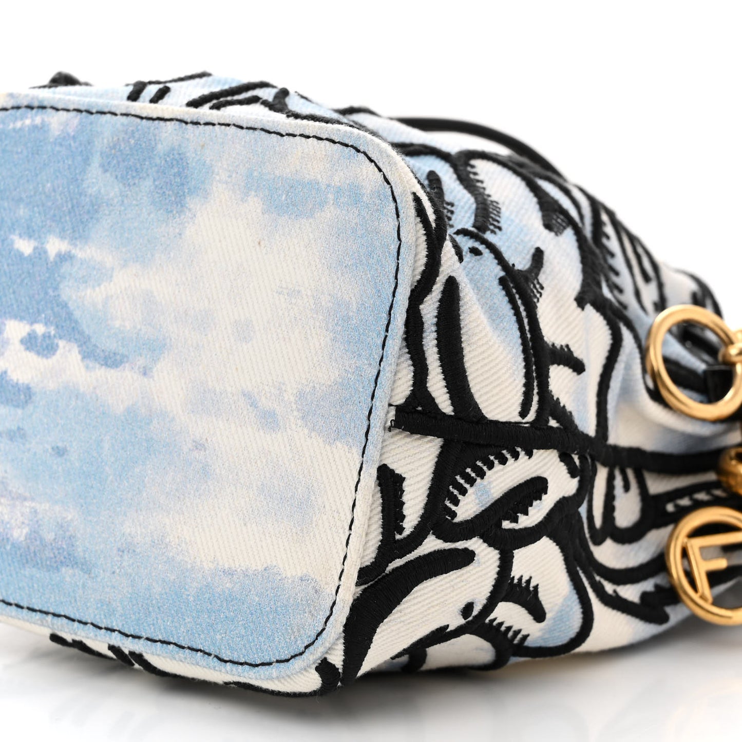 X JOSHUA VIDES Fabric Flower Clouds Embroidered Mini Mon Tresor Bucket Bag White Celeste Black