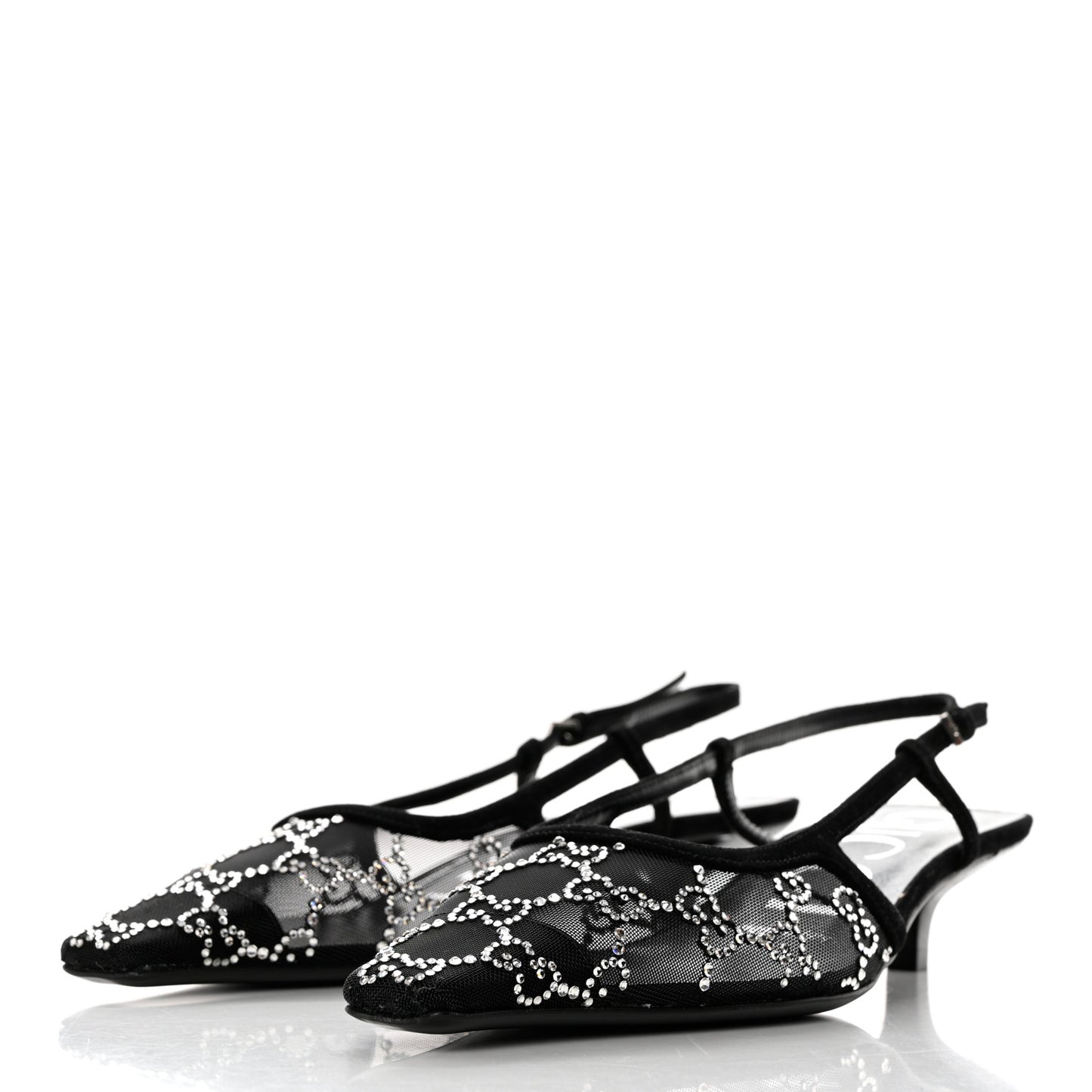 Suede Mesh Crystal GG Monogram Slingback Pumps 37.5 Black