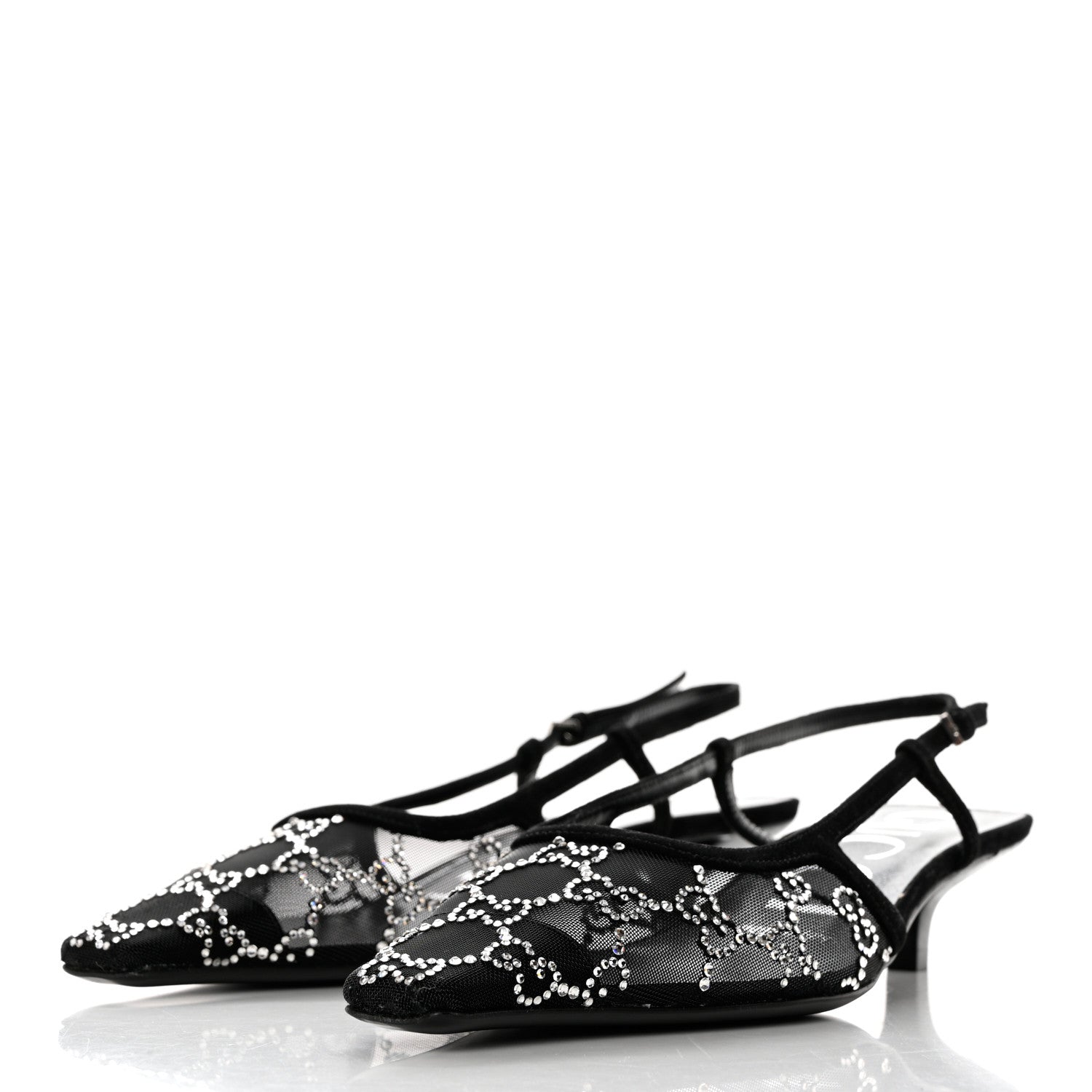 Gucci Suede Mesh Crystal GG Monogram Slingback Pumps 37.5 Black 3 of 9
