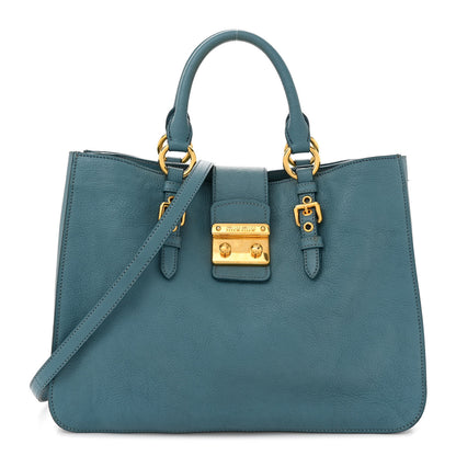 Miu Miu Goatskin Madras Shopping Tote Azzurro 1 of 17