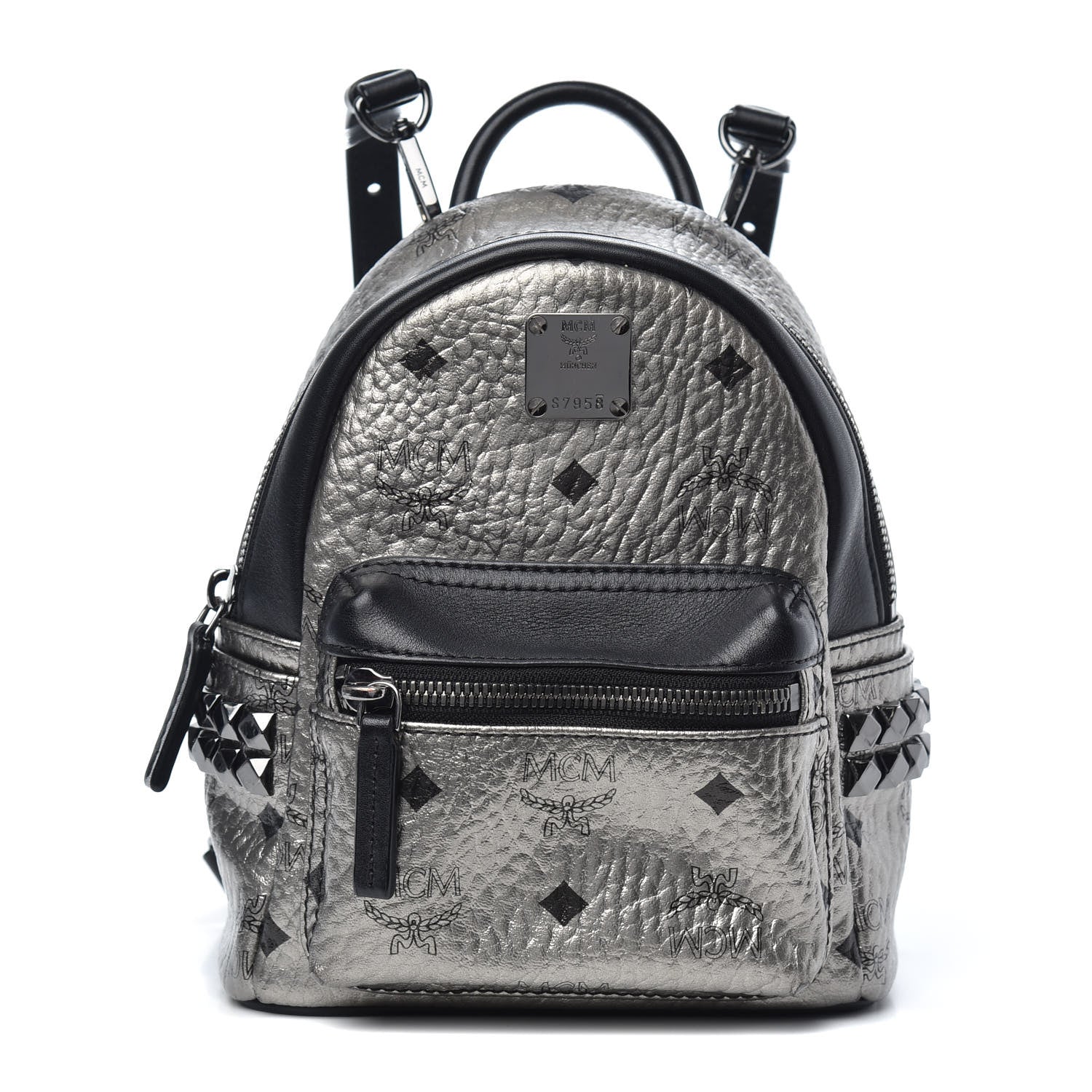MCM Metallic Visetos Side Stud X-Mini Stark Bebe Boo Backpack Silver Black 1 of 8