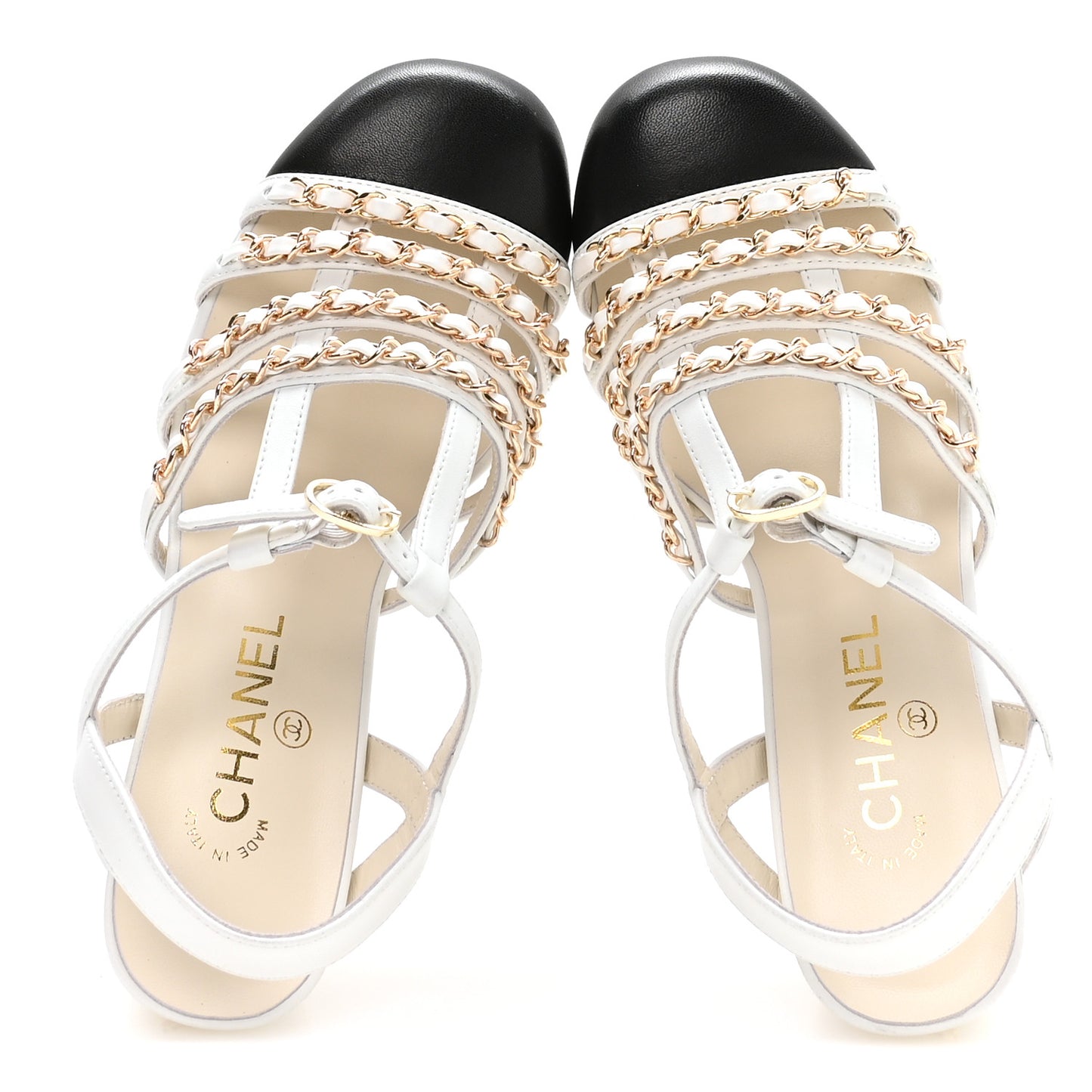 Lambskin Cap Toe Chain Slingback Pumps 37 White Black