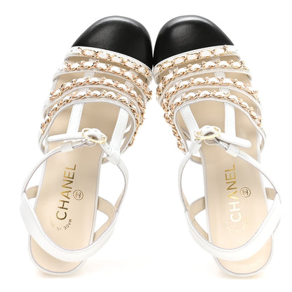 Chanel Lambskin Cap Toe Chain Slingback Pumps 37 White Black 3 of 16