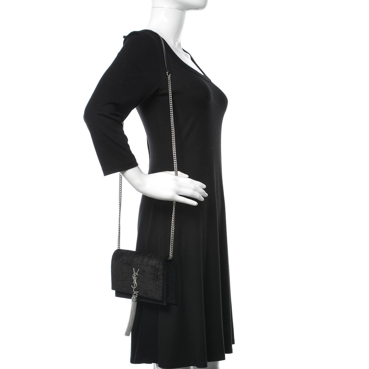 Suede Crocodile Embossed Monogram Tassel Chain Wallet Black Silver