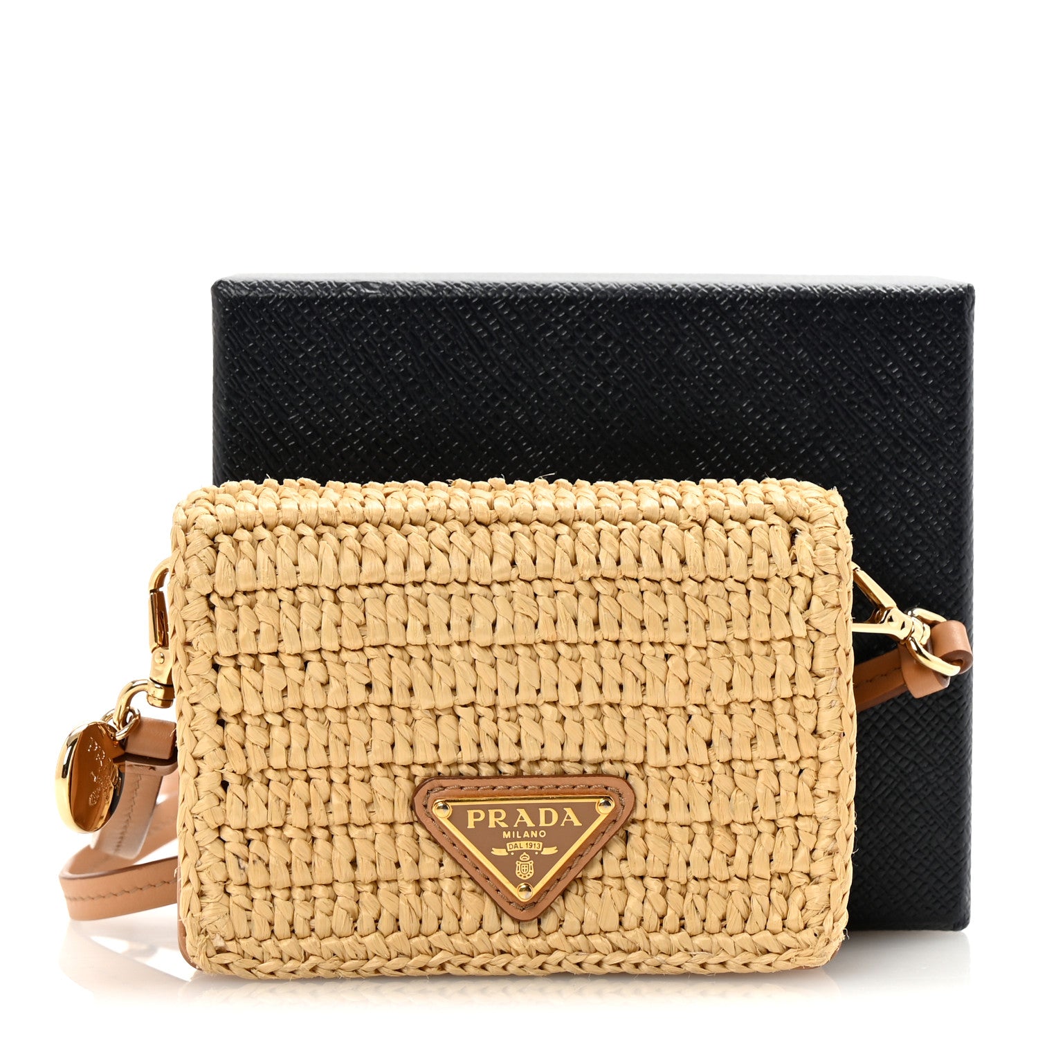 PRADA ゴールド クラッチバッグ Prada Raffia Effect Crochet Metal Triangle Logo Card Holder Beige
