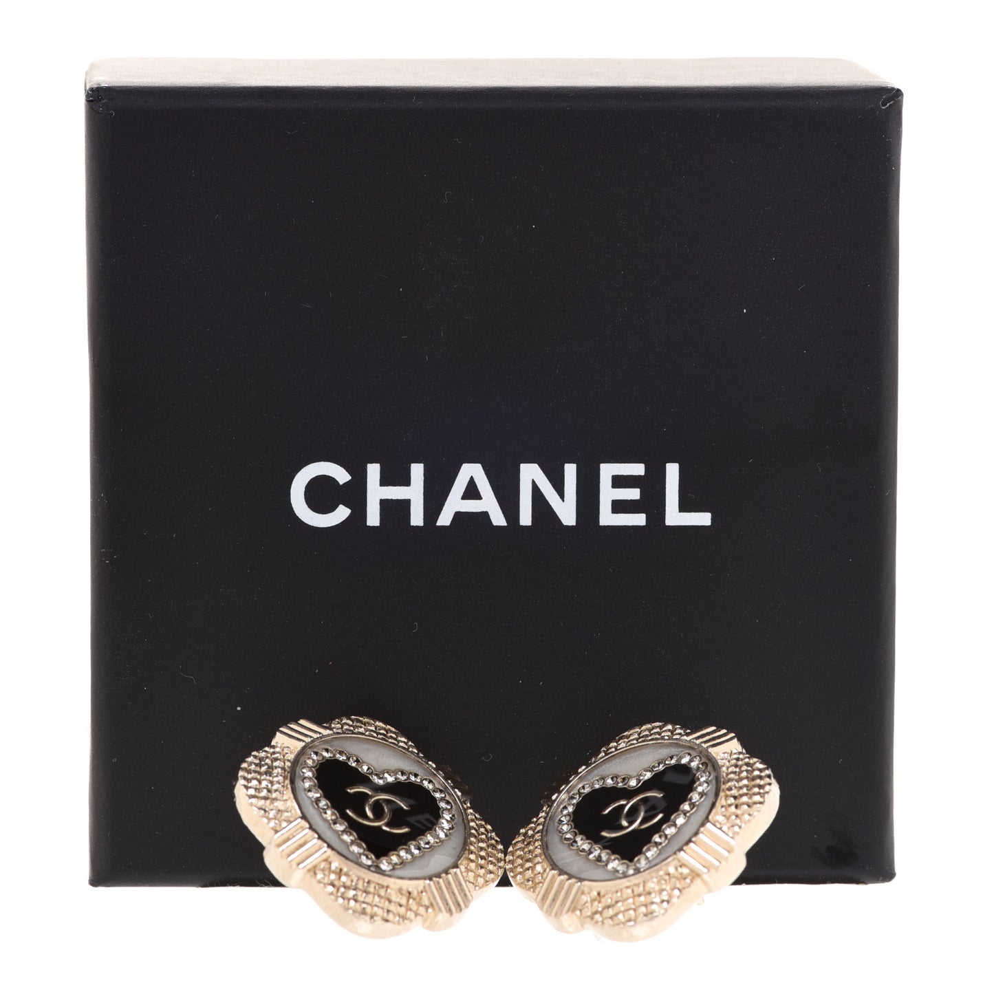 Resin Crystal Quilted CC Heart Earrings Gold Black