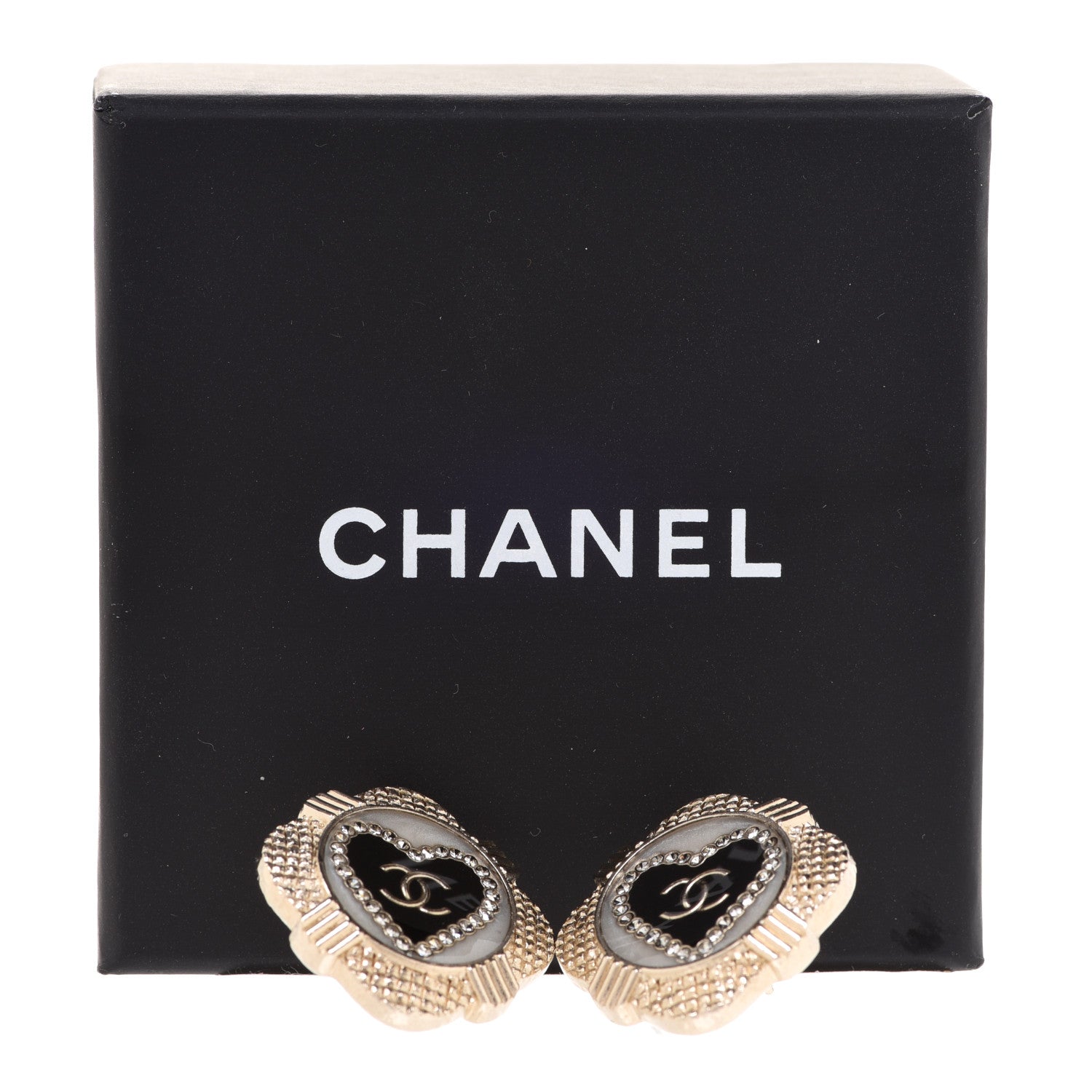 Chanel Resin Crystal Quilted CC Heart Earrings Gold Black 5 of 5