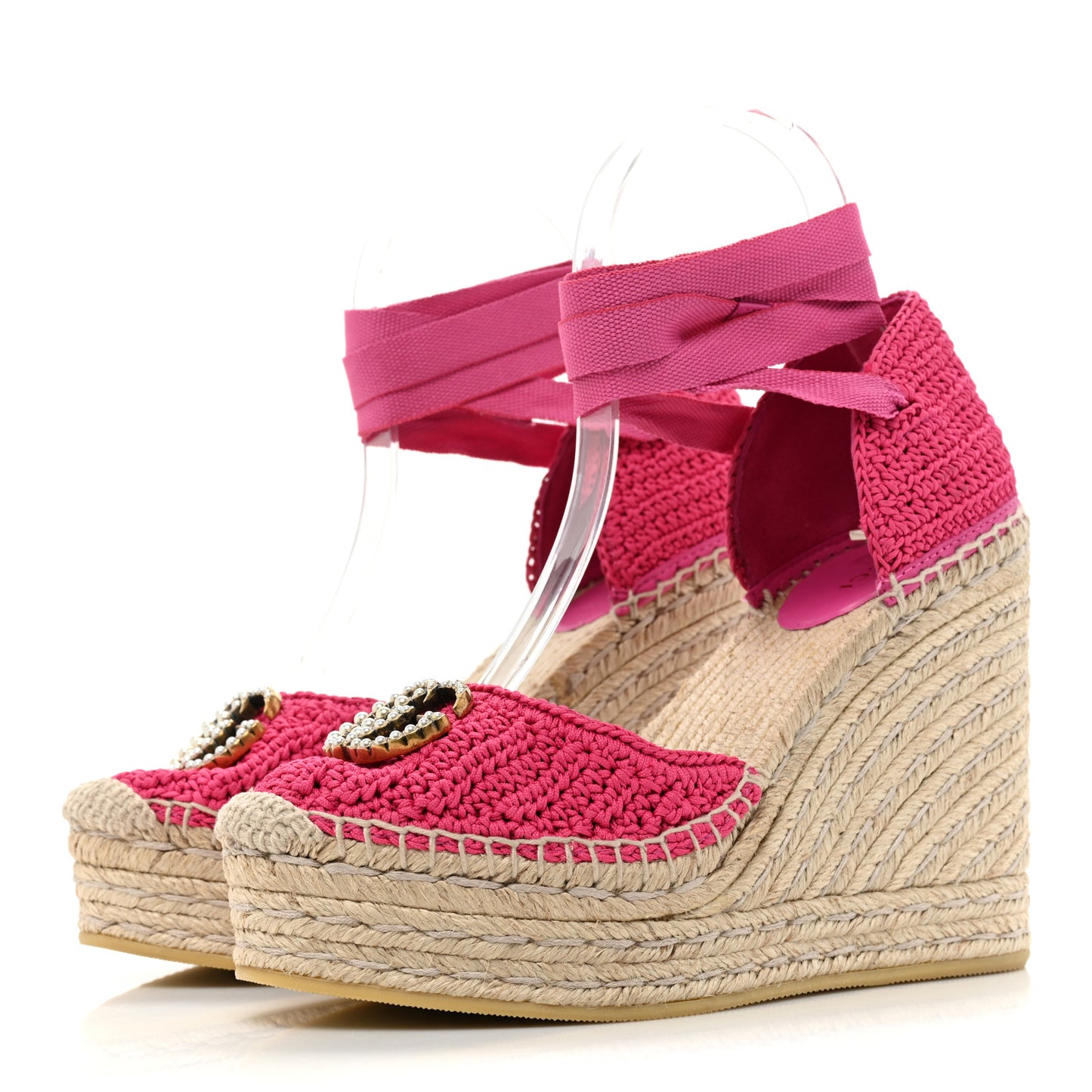 Cotton Crochet Pearly GG Ankle Wrap Platform Espadrille Wedges 36 Cyclamen Rose