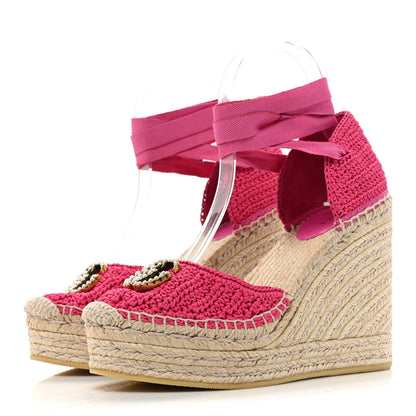 Gucci Cotton Crochet Pearly GG Ankle Wrap Platform Espadrille Wedges 36 Cyclamen Rose 3 of 12