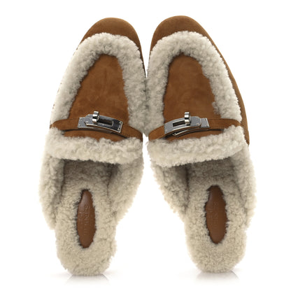 Hermes Suede Goatskin Shearling Womens Oz Mules 37 Natural Ecru 6 of 11