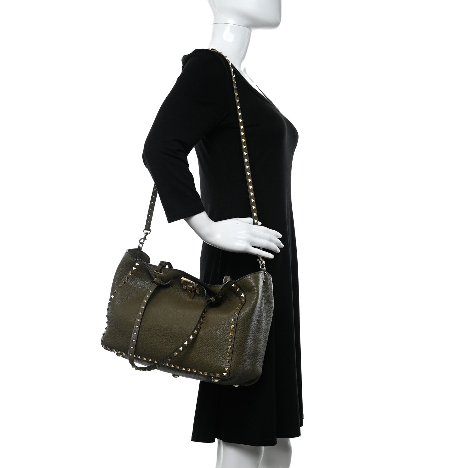 Valentino Garavani Pebbled Calfskin Medium Rockstud Tote Army Green 2 of 9