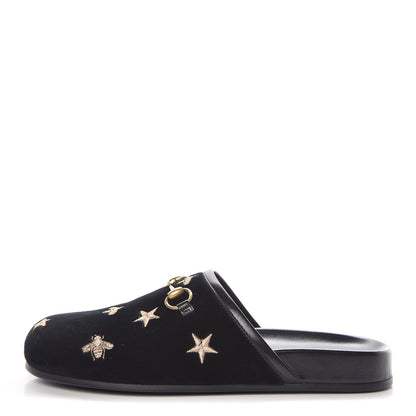 Gucci Softy Velvet Malaga Kid Bee Star Embroidered Womens Horsebit River Slippers 36 Black 1 of 12