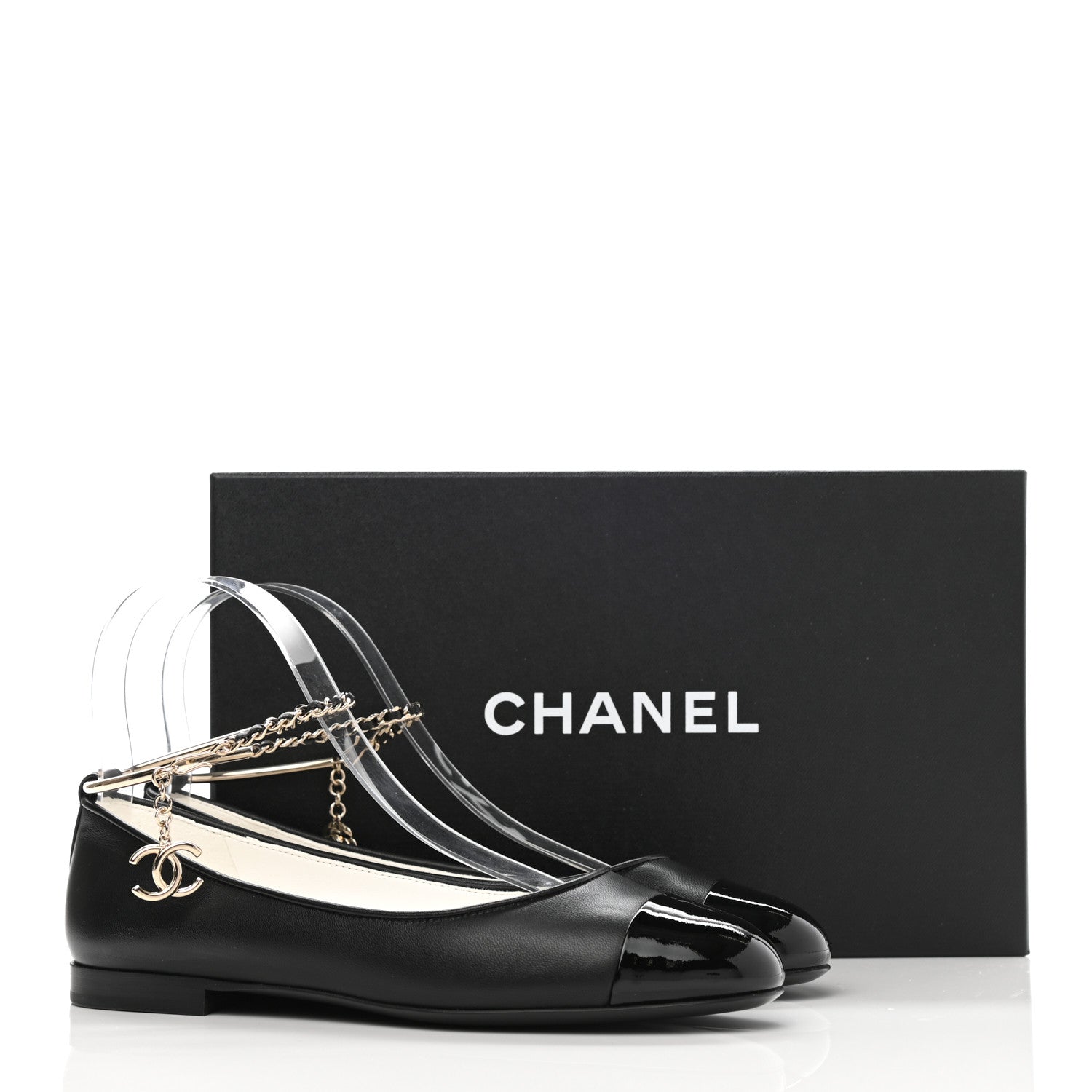 Chanel Lambskin Patent Calfskin Cap Toe Ankle Chain Ballerina Flats 36 Black 8 of 8
