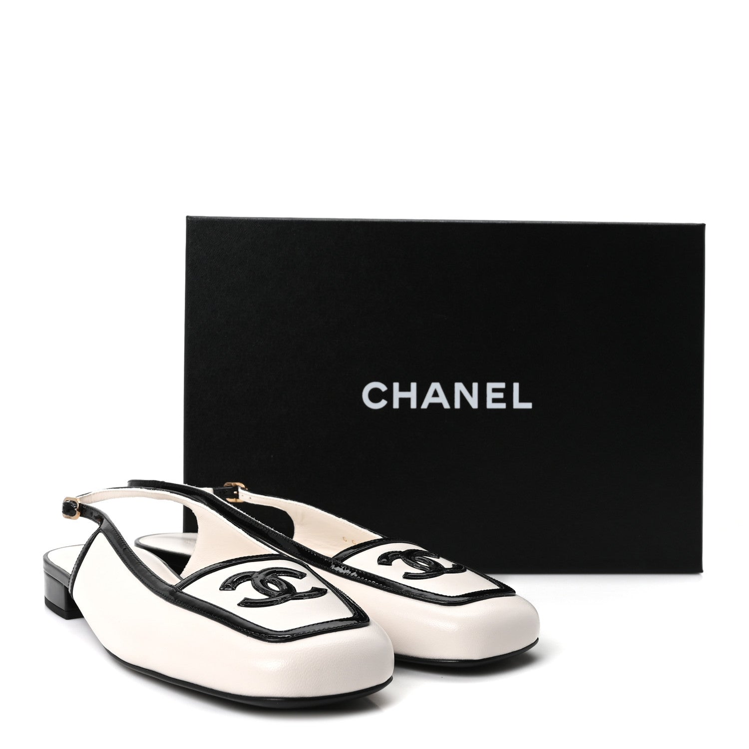 Chanel Lambskin Patent Calfskin CC Square Toe Slingbacks 39 White Black 10 of 10