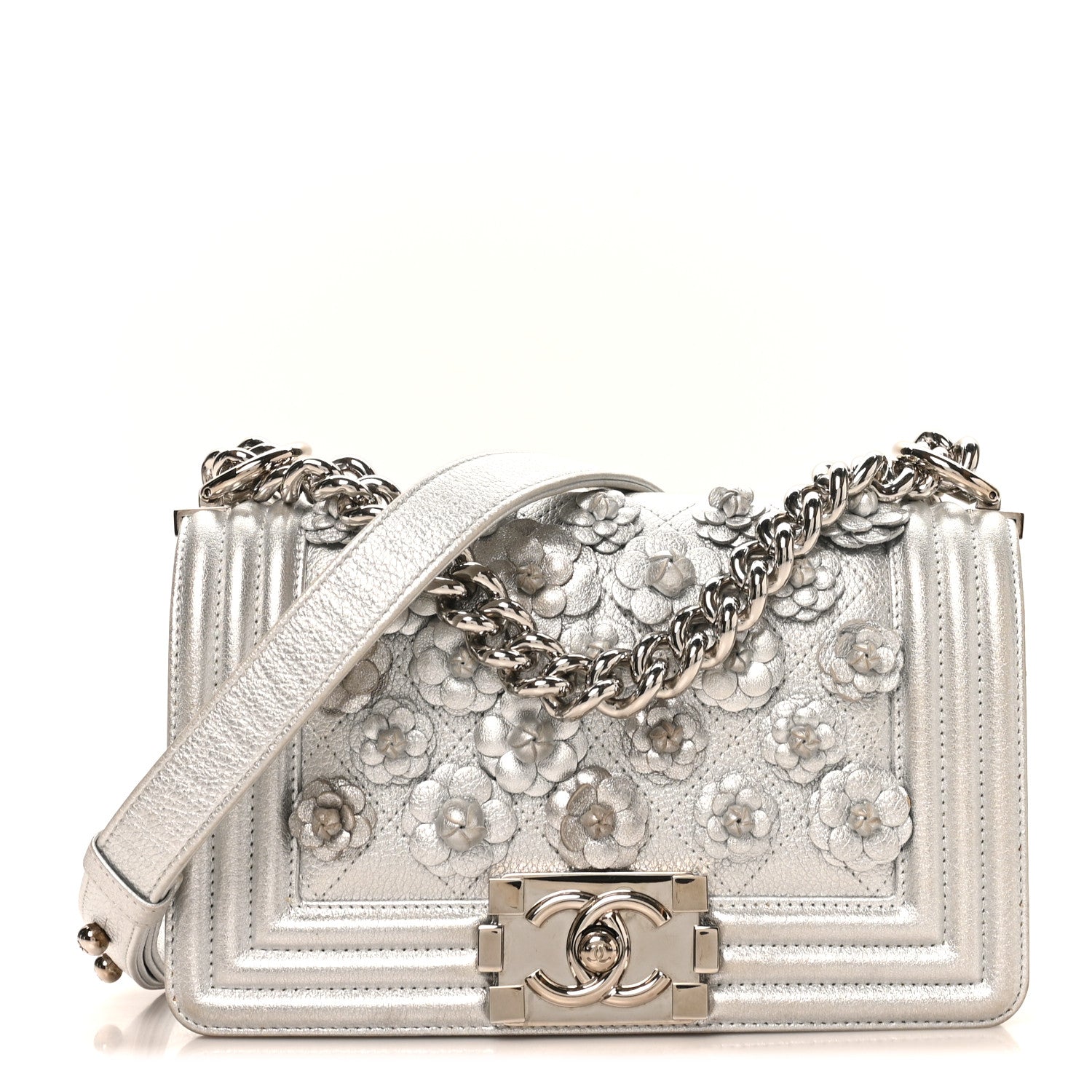 Chanel Metallic Calfskin Camellia Quilted Small Boy Flap Silver 1 of 10