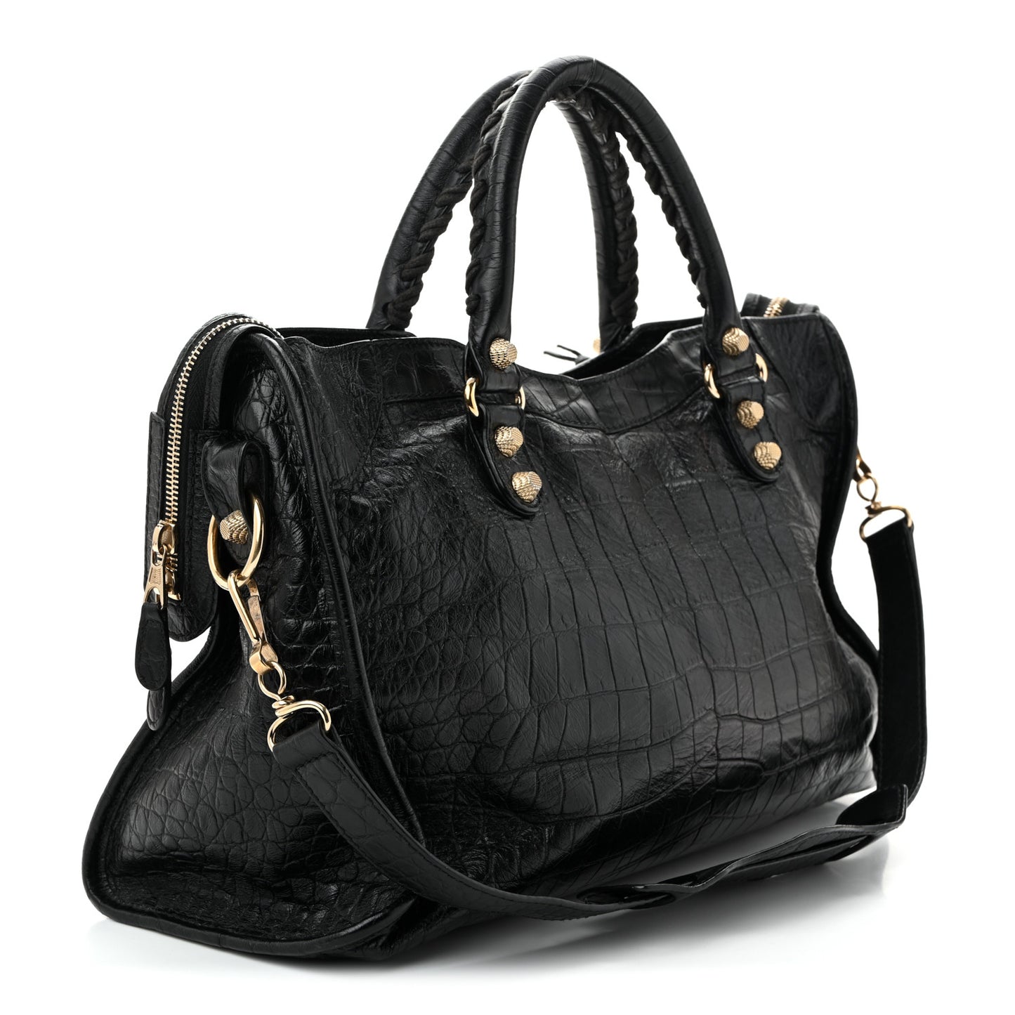 Calfskin Crocodile Embossed Giant 12 Gold Hardware City Black