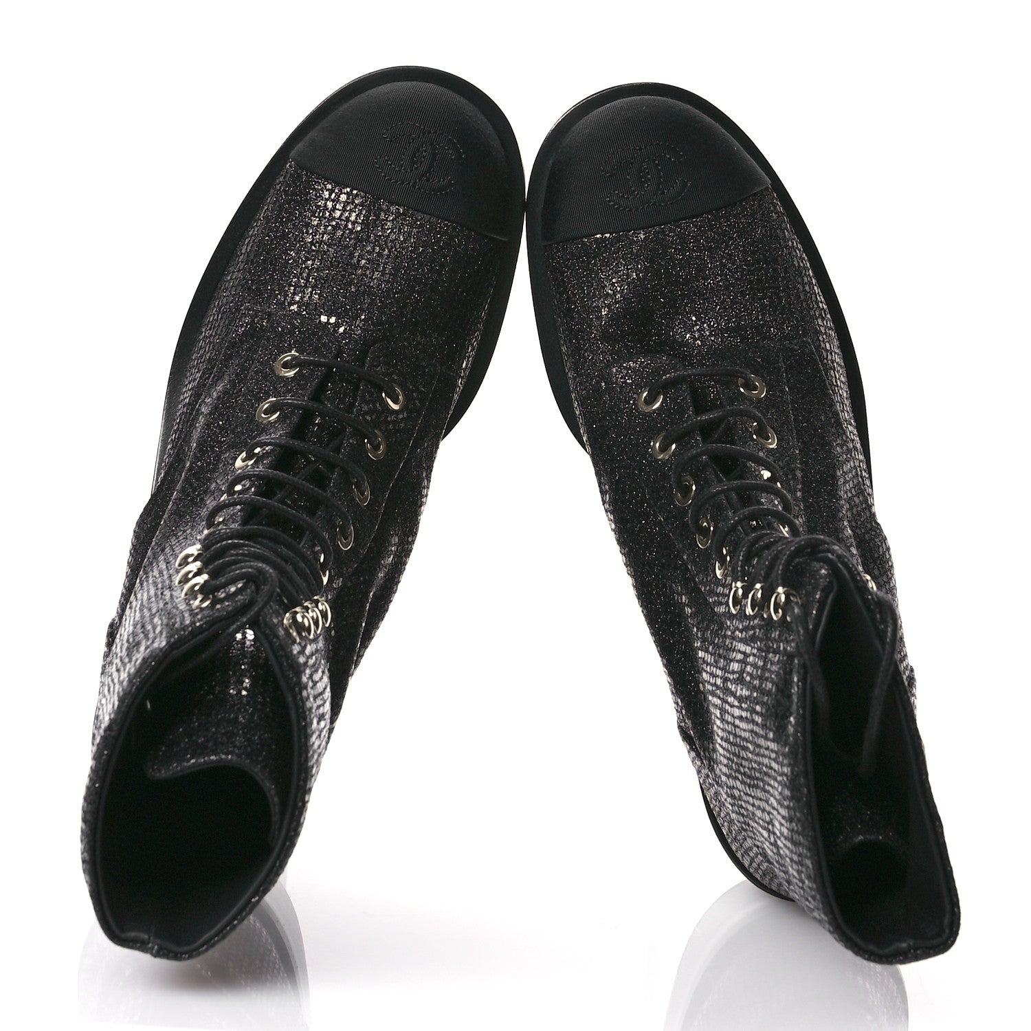 Chanel Fabric Crossgrain Cap Toe Combat Boots 38.5 Black 2 of 9
