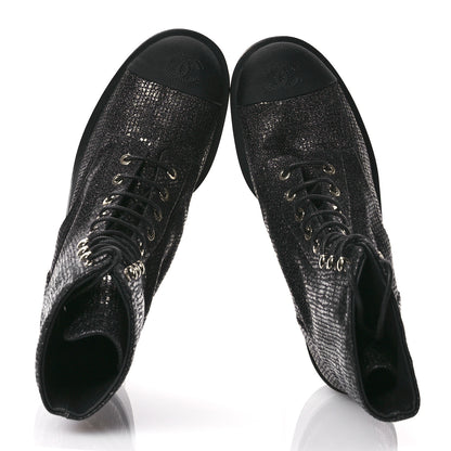 Chanel Fabric Crossgrain Cap Toe Combat Boots 38.5 Black 2 of 9