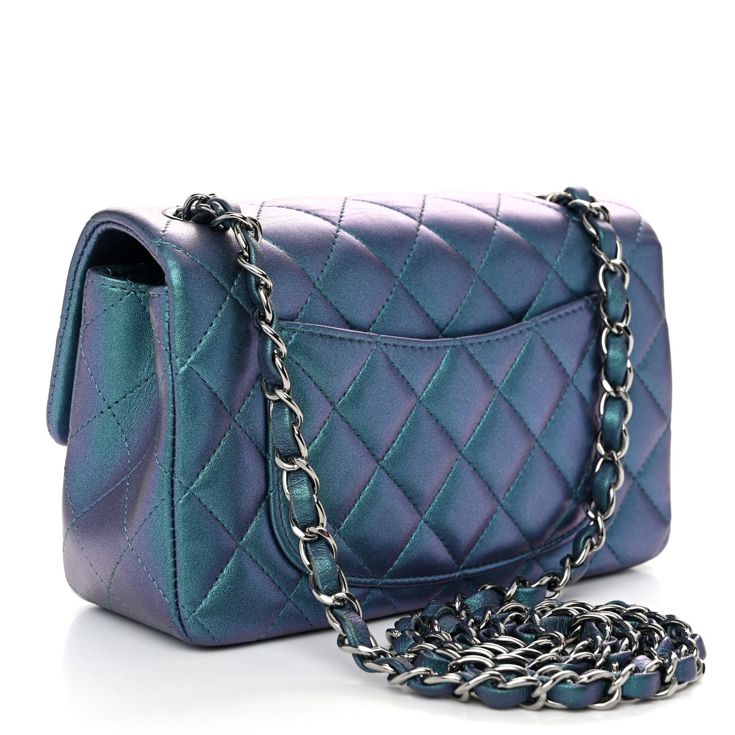 Iridescent Lambskin Quilted Mini Rectangular Flap Turquoise