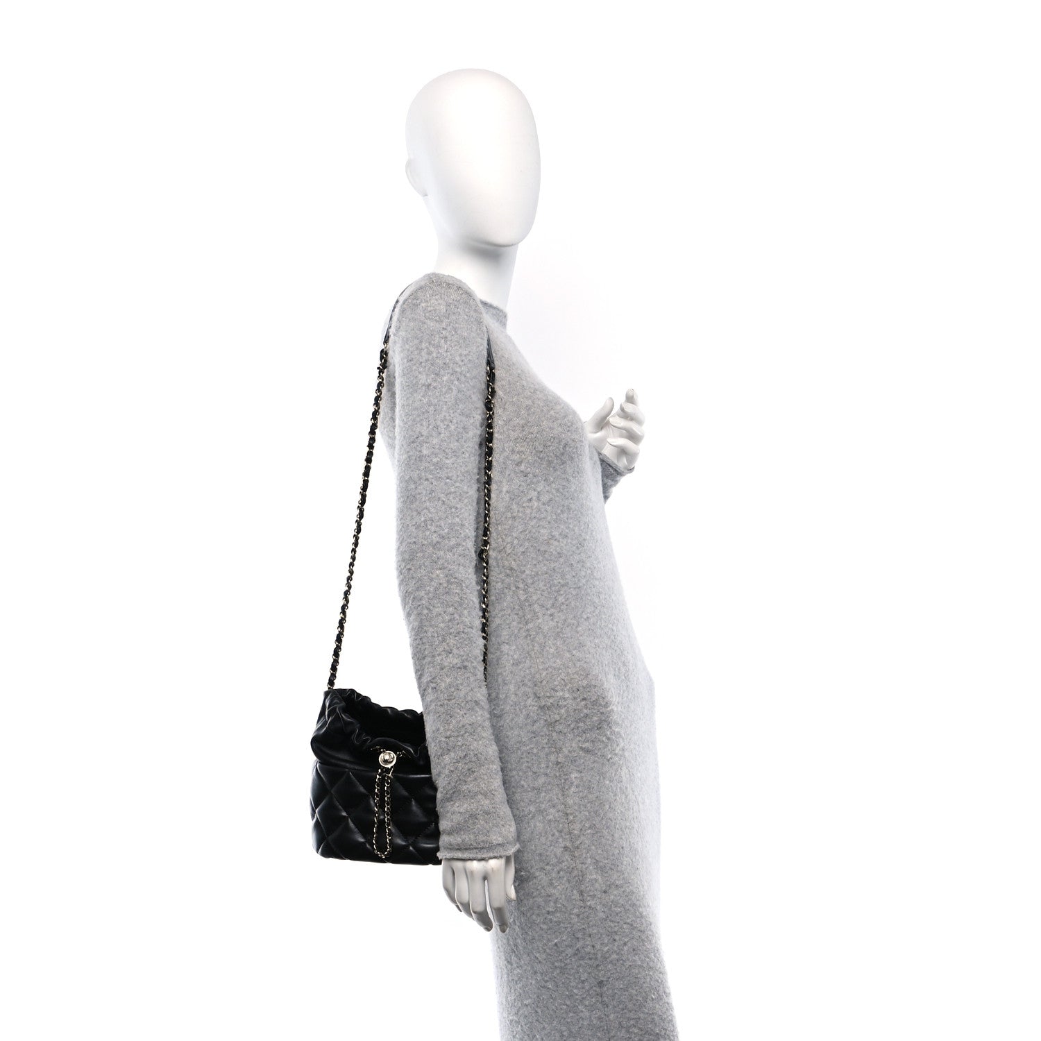 Chanel Lambskin Quilted Pearl Bucket Bag Black 2 of 10