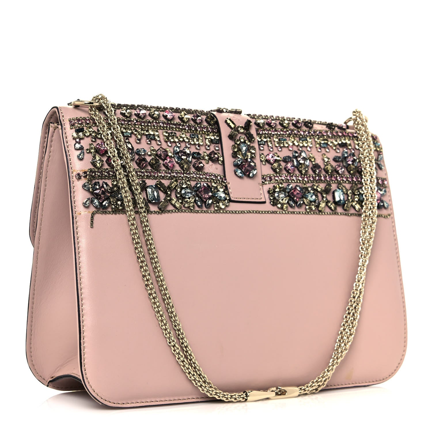 Valentino Garavani Vitello Crystal Embellished Medium Glam Lock Rockstud Flap Poudre 3 of 18