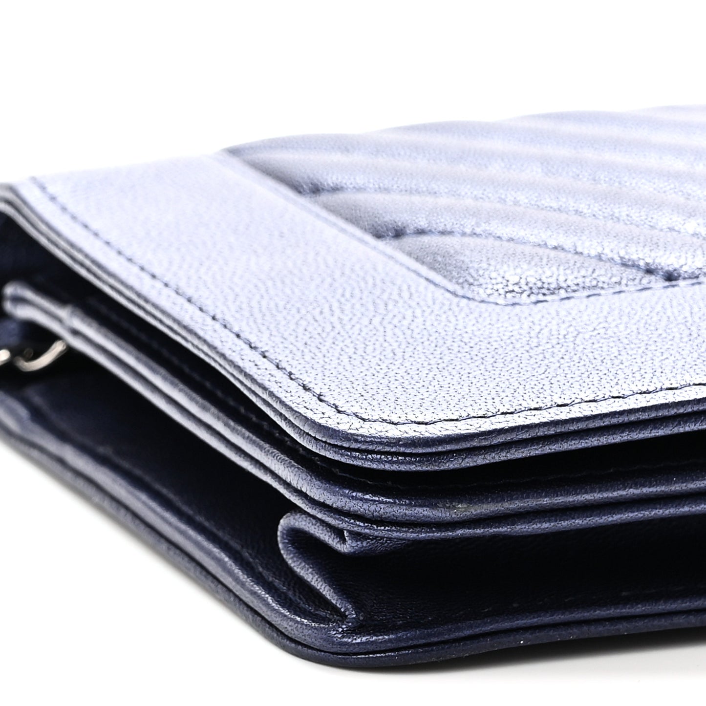 Metallic Sheepskin Chevron Quilted Vintage Mademoiselle Wallet On Chain WOC Navy