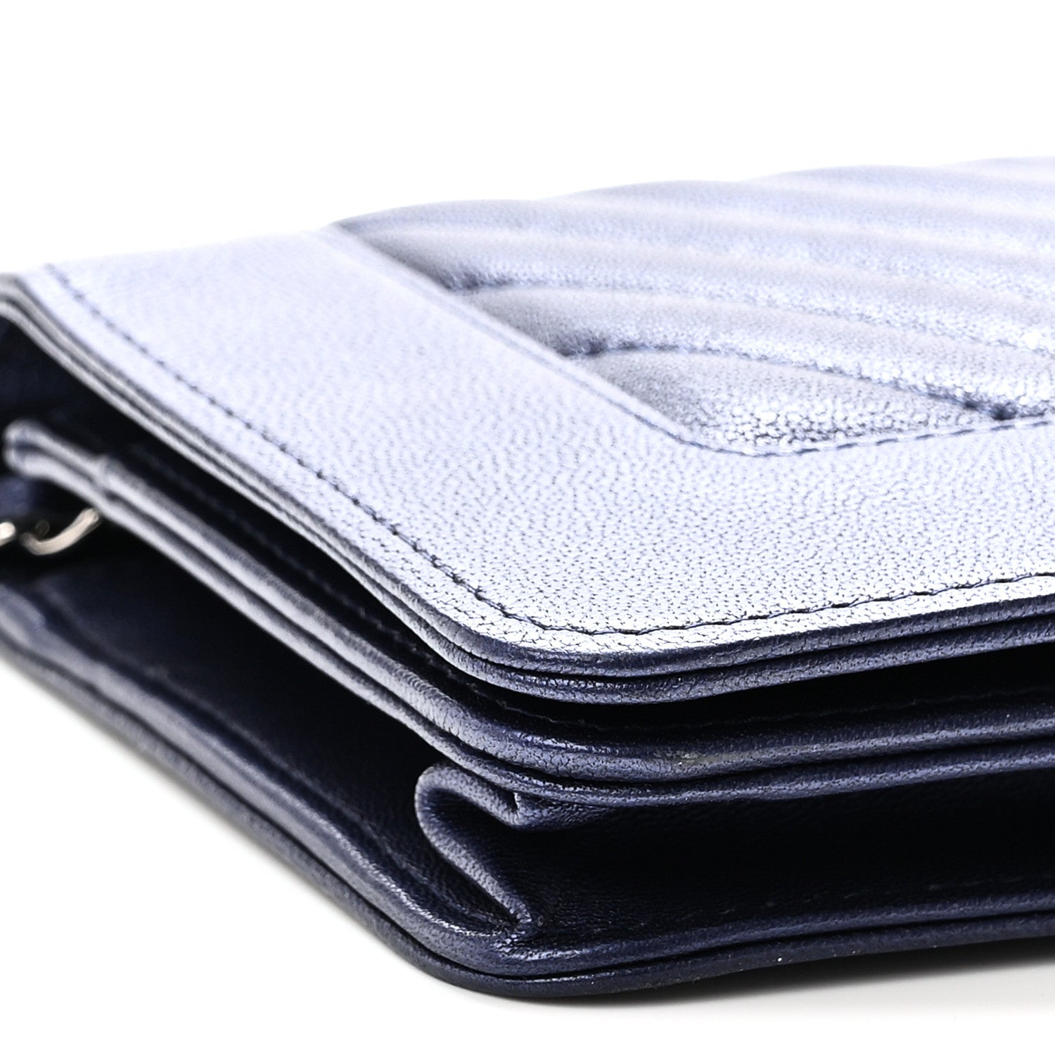 Chanel Metallic Sheepskin Chevron Quilted Vintage Mademoiselle Wallet On Chain WOC Navy 10 of 11