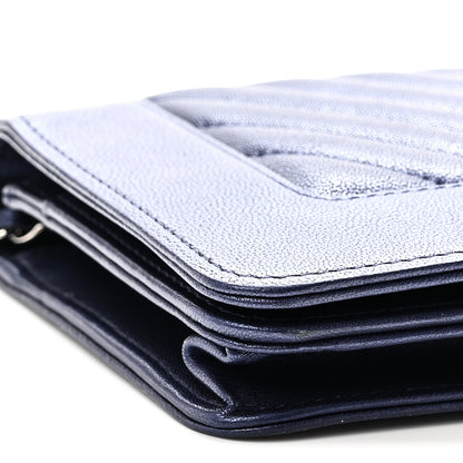 Chanel Metallic Sheepskin Chevron Quilted Vintage Mademoiselle Wallet On Chain WOC Navy 10 of 11