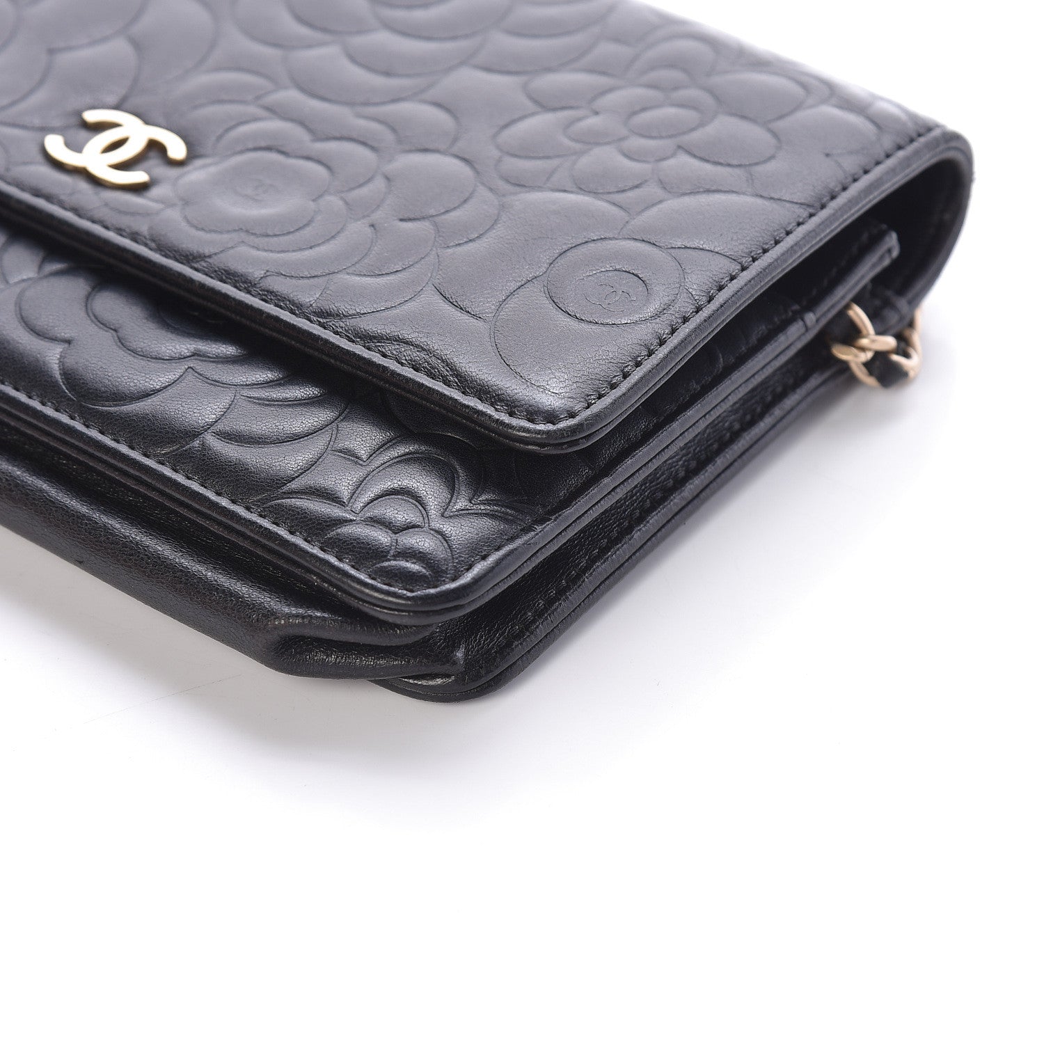 Chanel Lambskin Camellia Embossed Wallet On Chain WOC Black 10 of 10