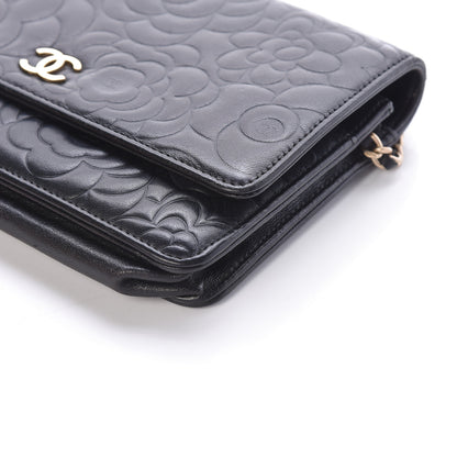 Chanel Lambskin Camellia Embossed Wallet On Chain WOC Black 10 of 10