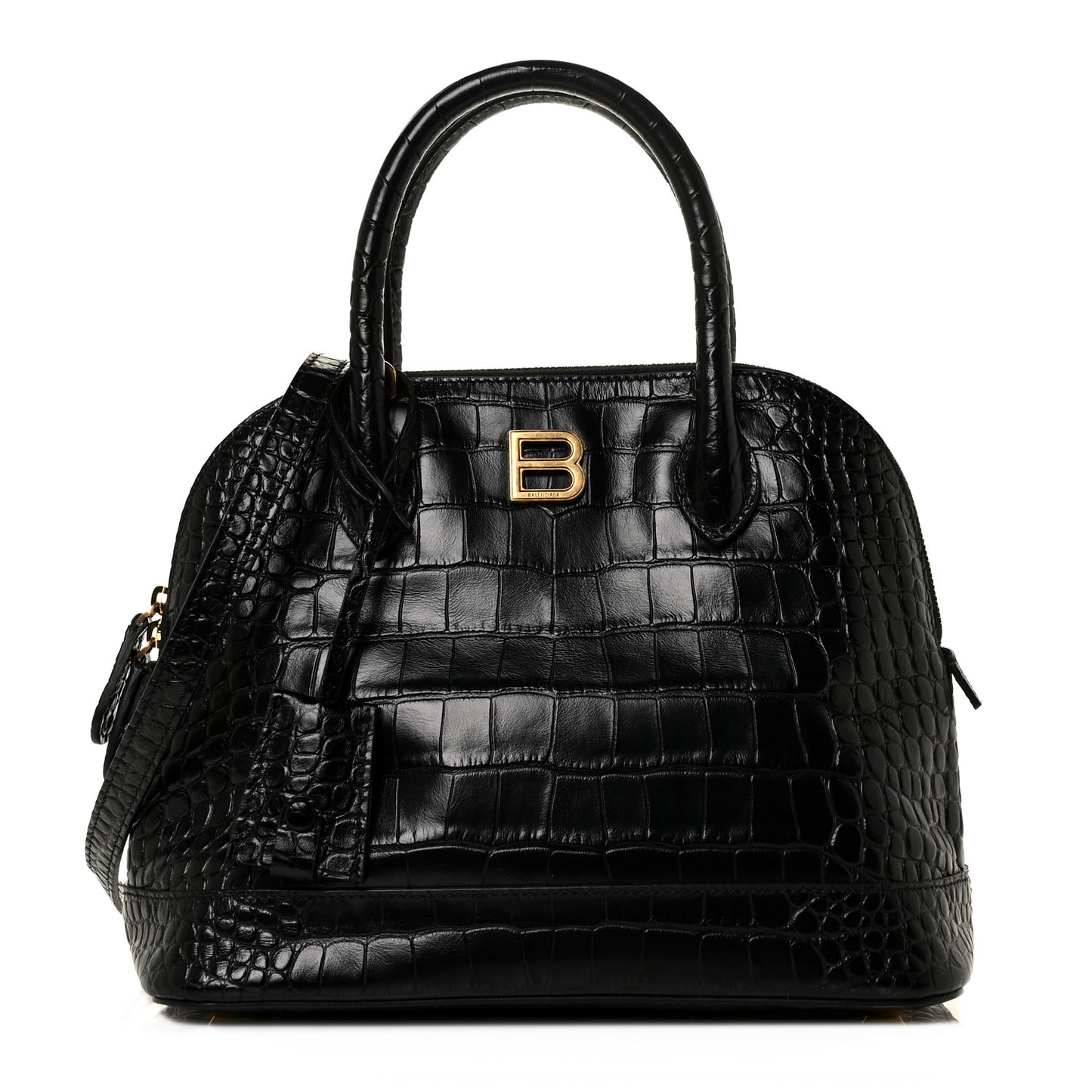 Calfskin Crocodile Embossed S Rivet Ville Top Handle Bag Black