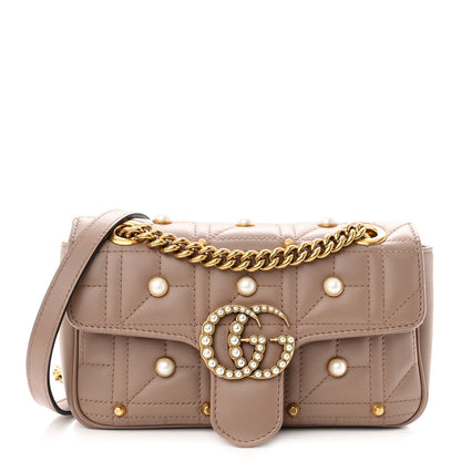 Gucci Calfskin Matelasse Studded Mini Pearly GG Marmont Shoulder Bag Porcelain Rose 1 of 10