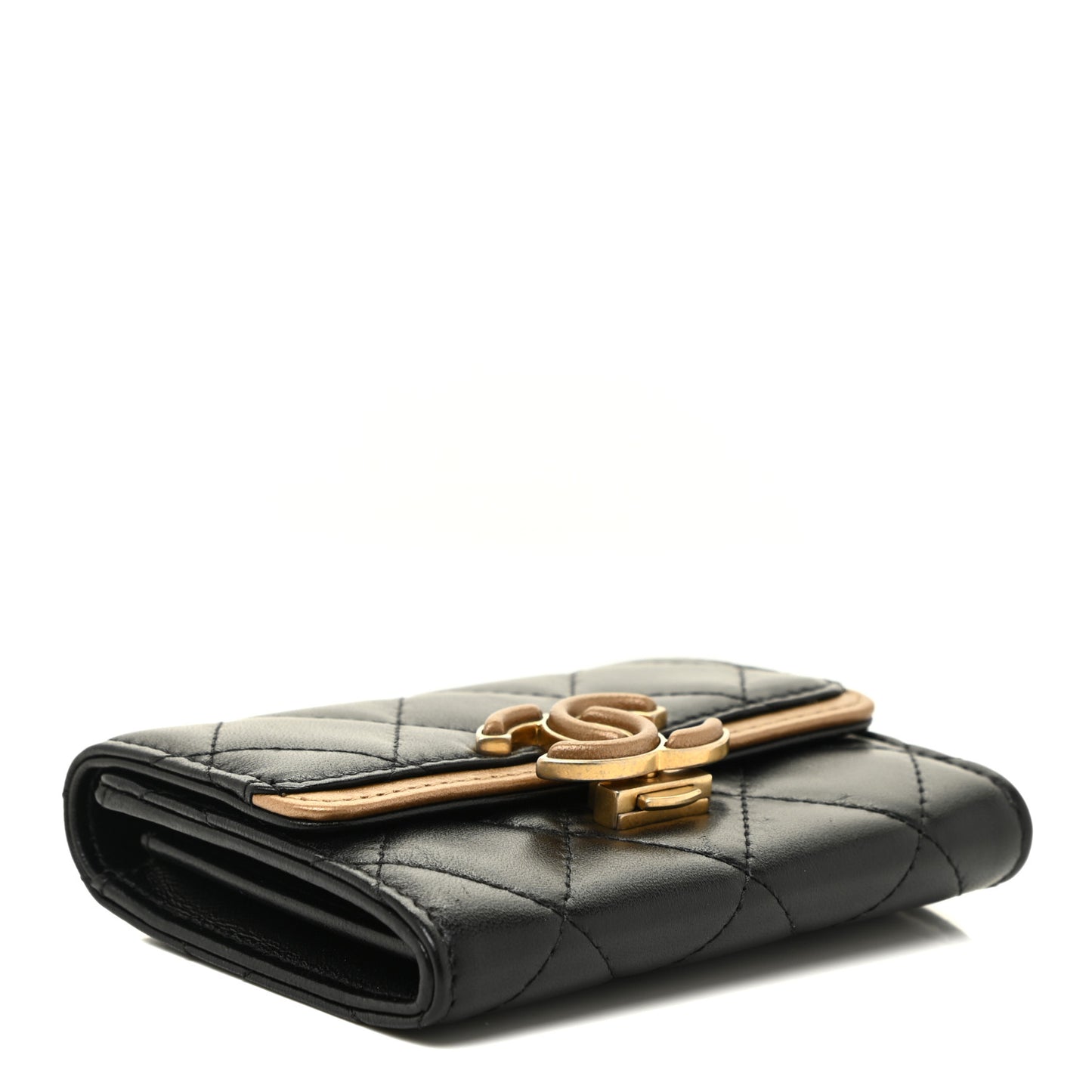 Lambskin Quilted CC Chic Flap Card Holder Black Gold