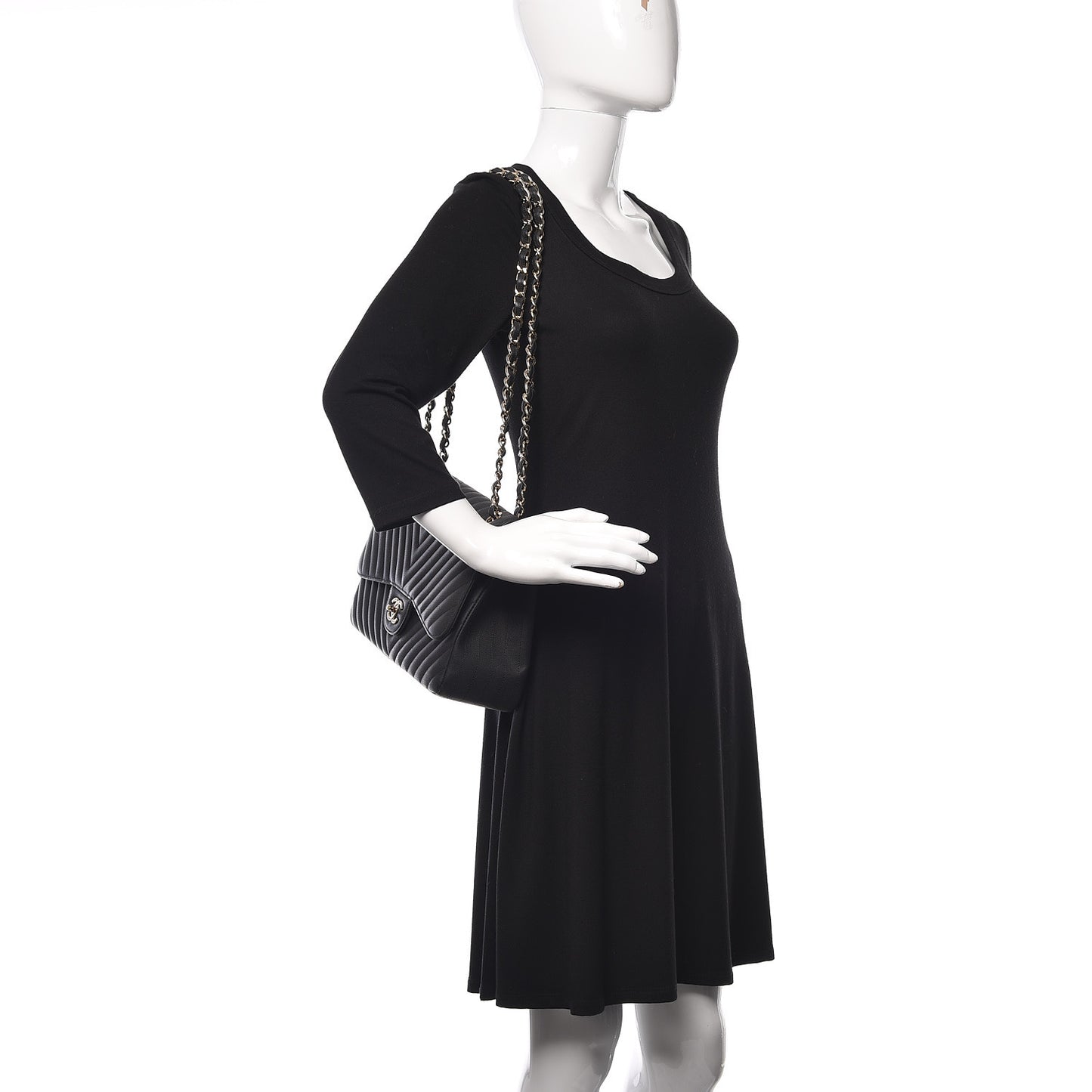 Caviar Chevron Quilted Jumbo Double Flap Black