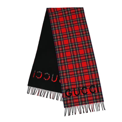 Gucci Cashmere Wool Logo Reversible Tartan Fringe Scarf Red Black 2 of 5