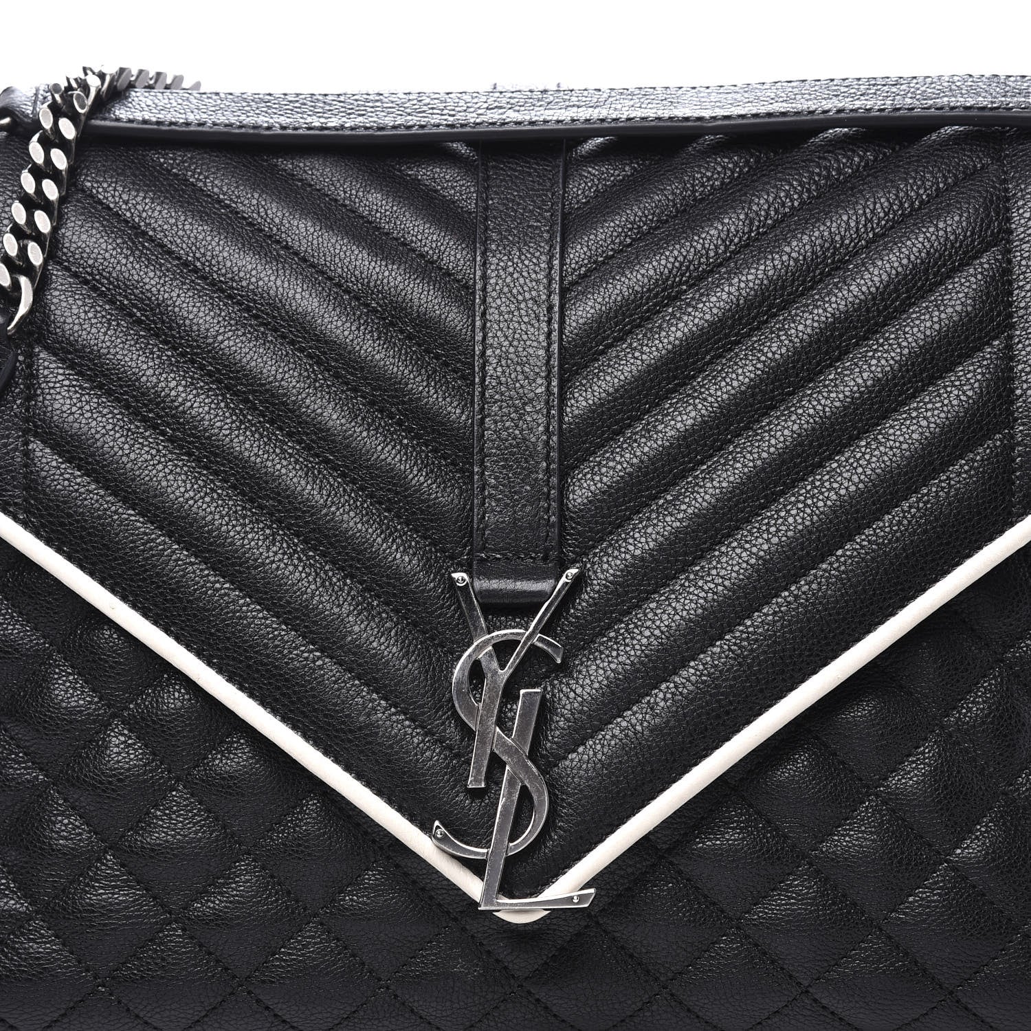 Saint Laurent Calfskin Mixed Matelasse Triquilt Large Monogram Envelope Satchel Black White 12 of 12