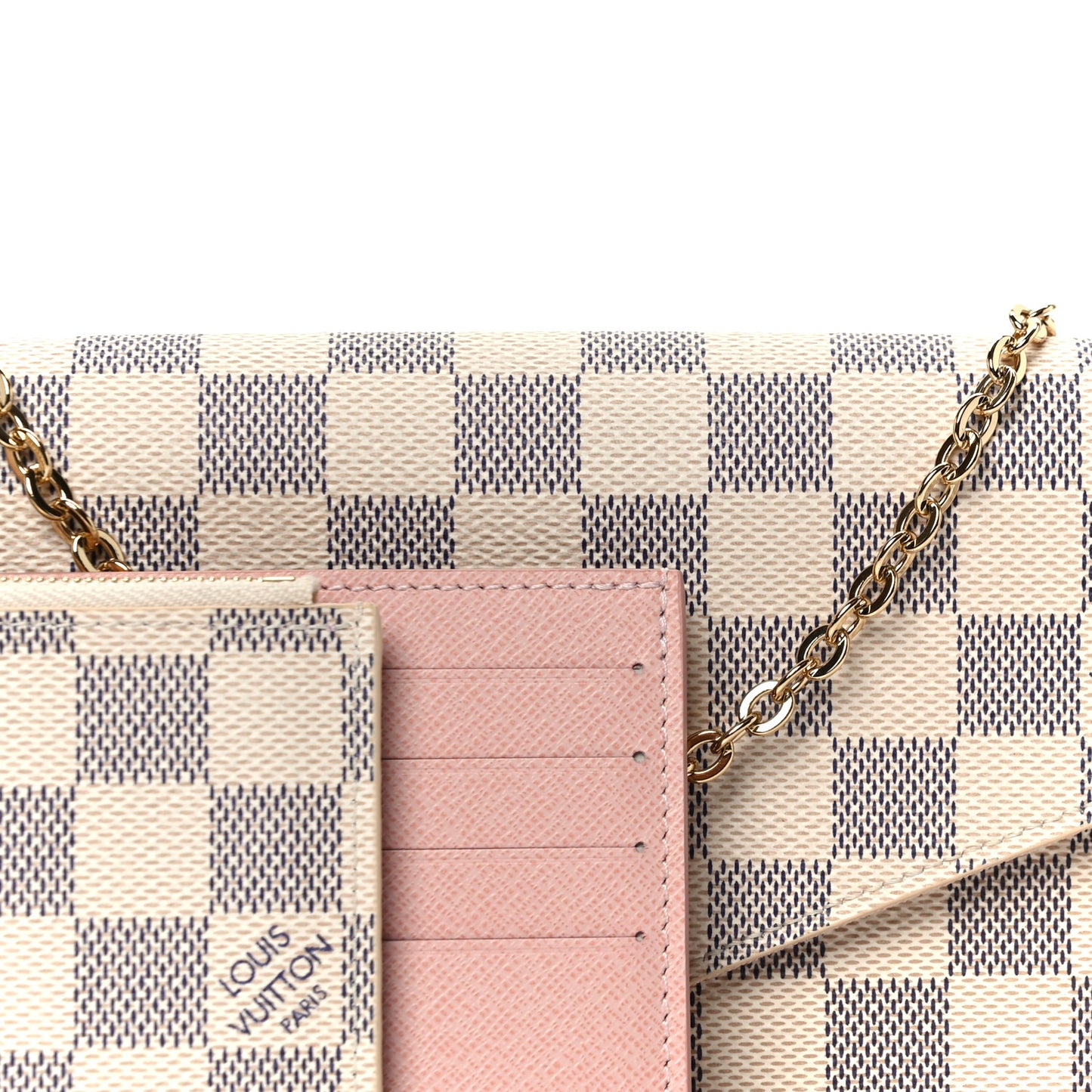 Damier Azur Pochette Felicie Chain Wallet Rose Ballerine