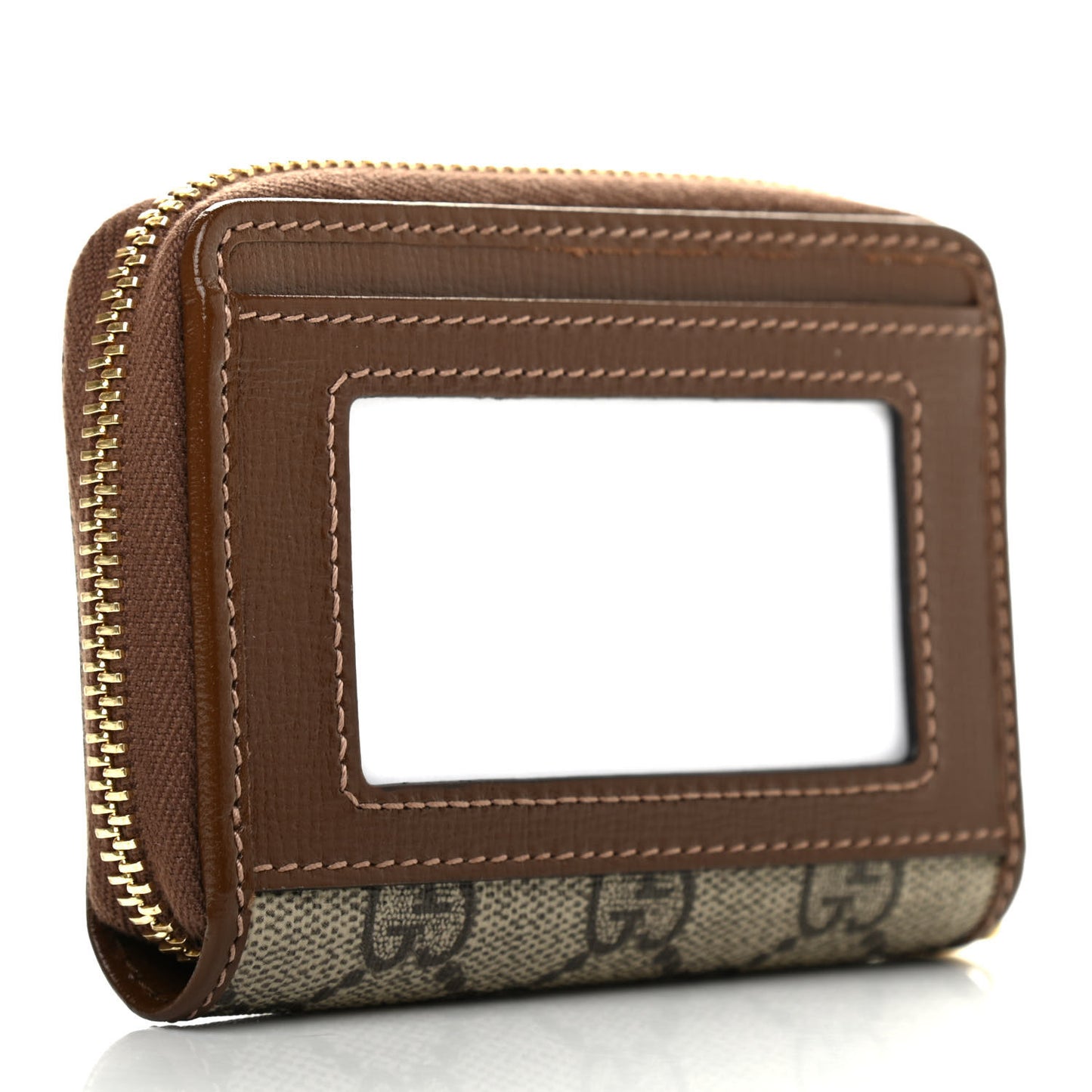 GG Supreme Monogram Azalea Calfskin Horsebit 1955 Zip Around ID Card Case Wallet Beige Ebony Brown Sugar