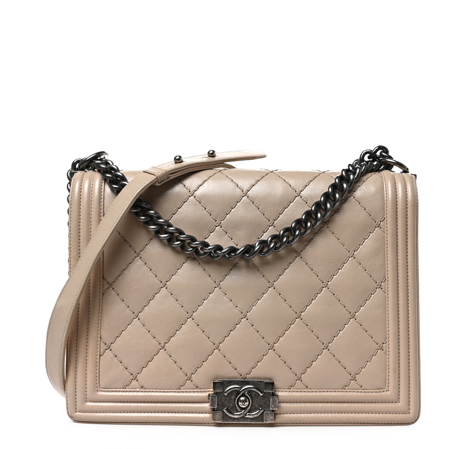 Calfskin Double Stitch Large Boy Flap Beige